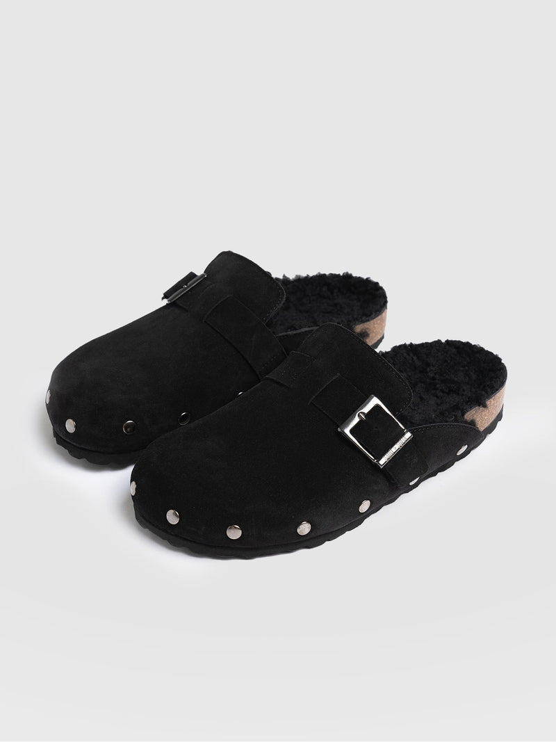 Studded Clogs Black Shearling - Women's Shoes | Saint + Sofia® US