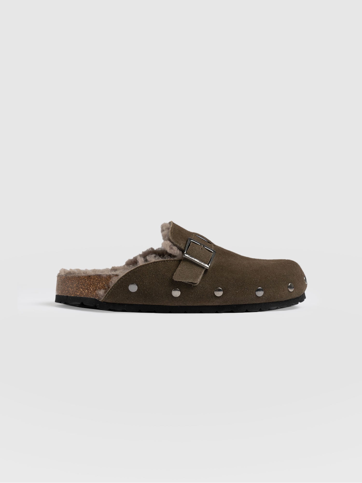 Studded Clogs Khaki Shearling - Women's Shoes | Saint + Sofia® UK