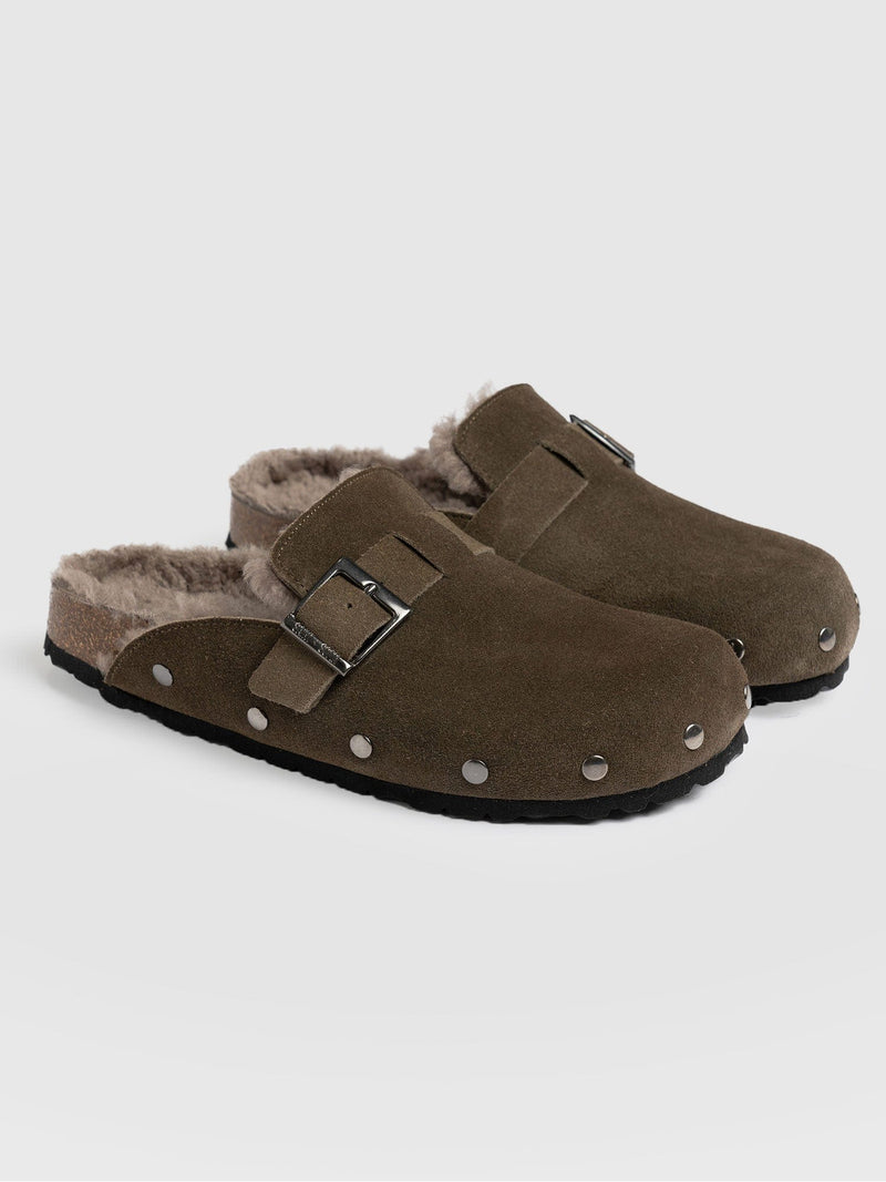 Studded Clogs Khaki Shearling - Women's Shoes | Saint + Sofia® UK