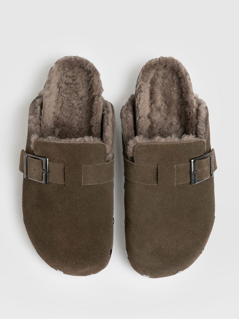 Studded Clogs Khaki Shearling - Women's Shoes | Saint + Sofia® UK