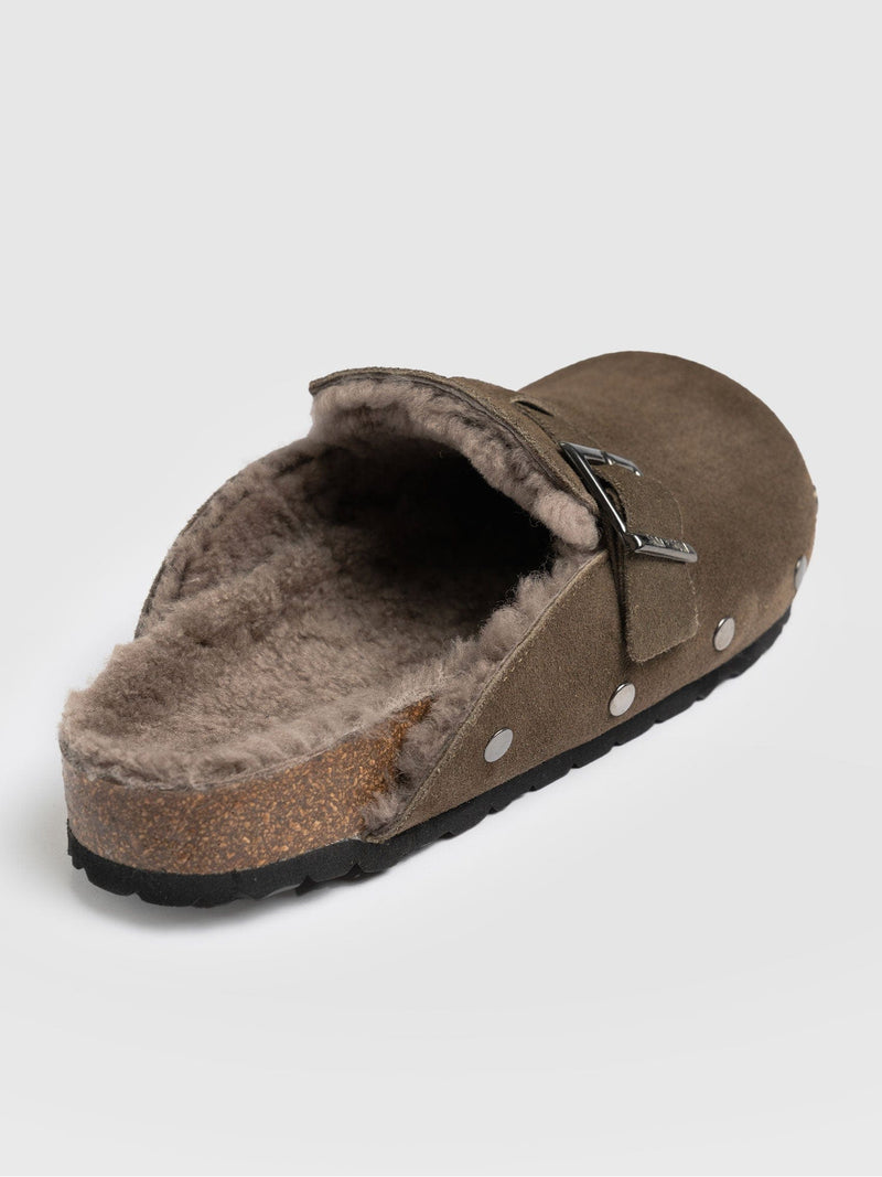 Studded Clogs Khaki Shearling - Women's Shoes | Saint + Sofia® UK