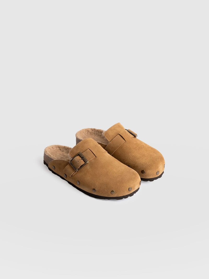 Studded Clogs Tan Shearling - Women's Shoes | Saint + Sofia® US