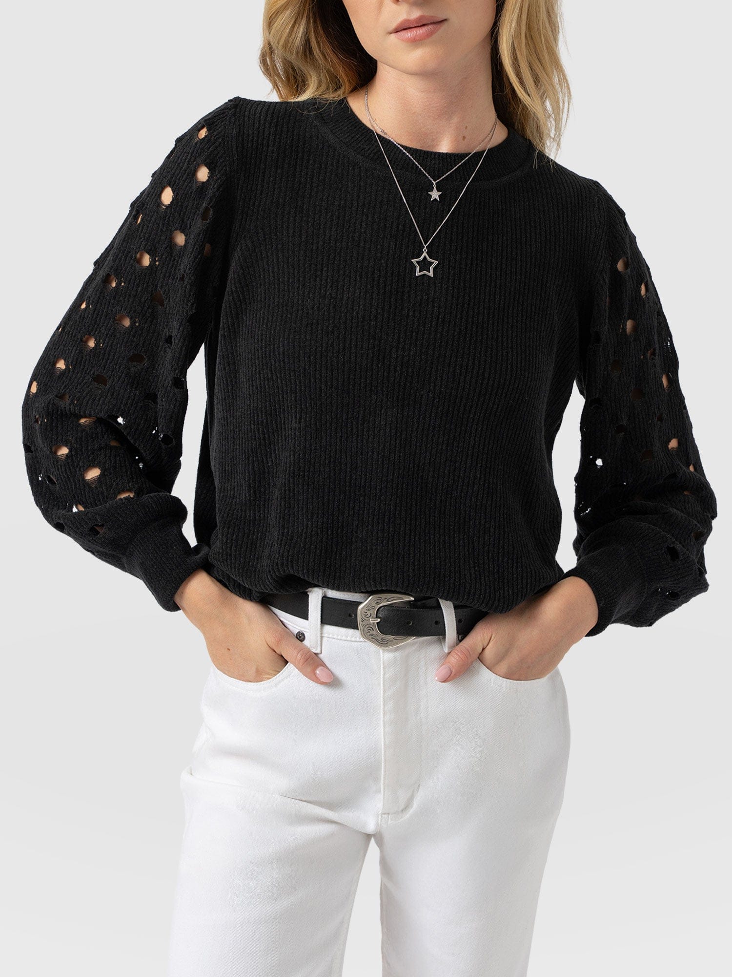 Suki Lace Hole Knit Black - Women's Knitwear | Saint + Sofia® US