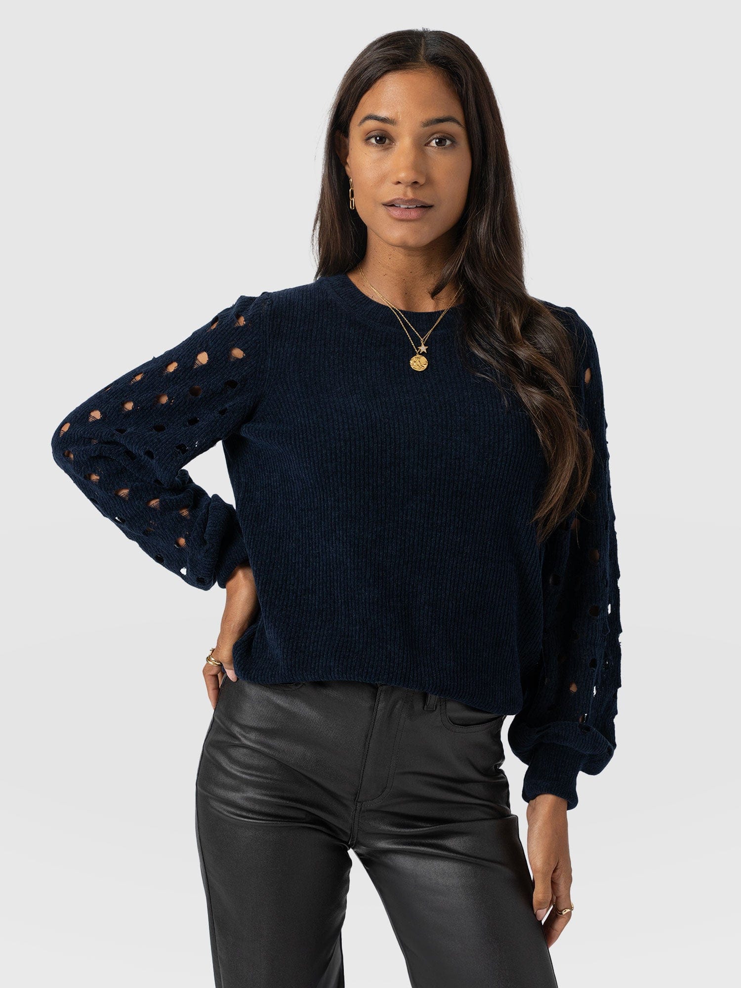 Suki Lace Hole Knit - Navy - Women's Jumpers | Saint + Sofia® USA