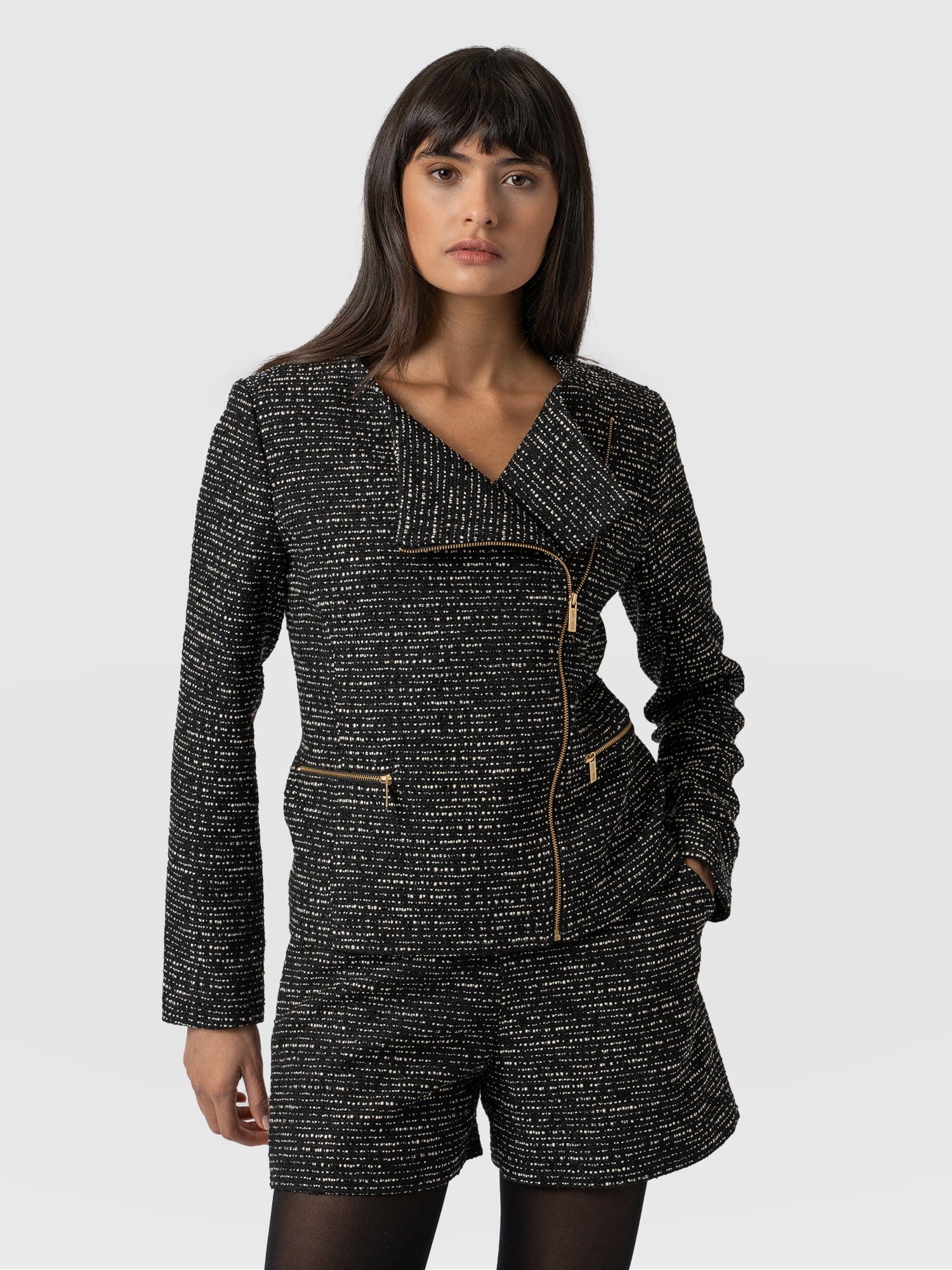 Sutton Asymmetric Jacket Monochrome Bouclé - Women's Jackets | Saint + Sofia® USA