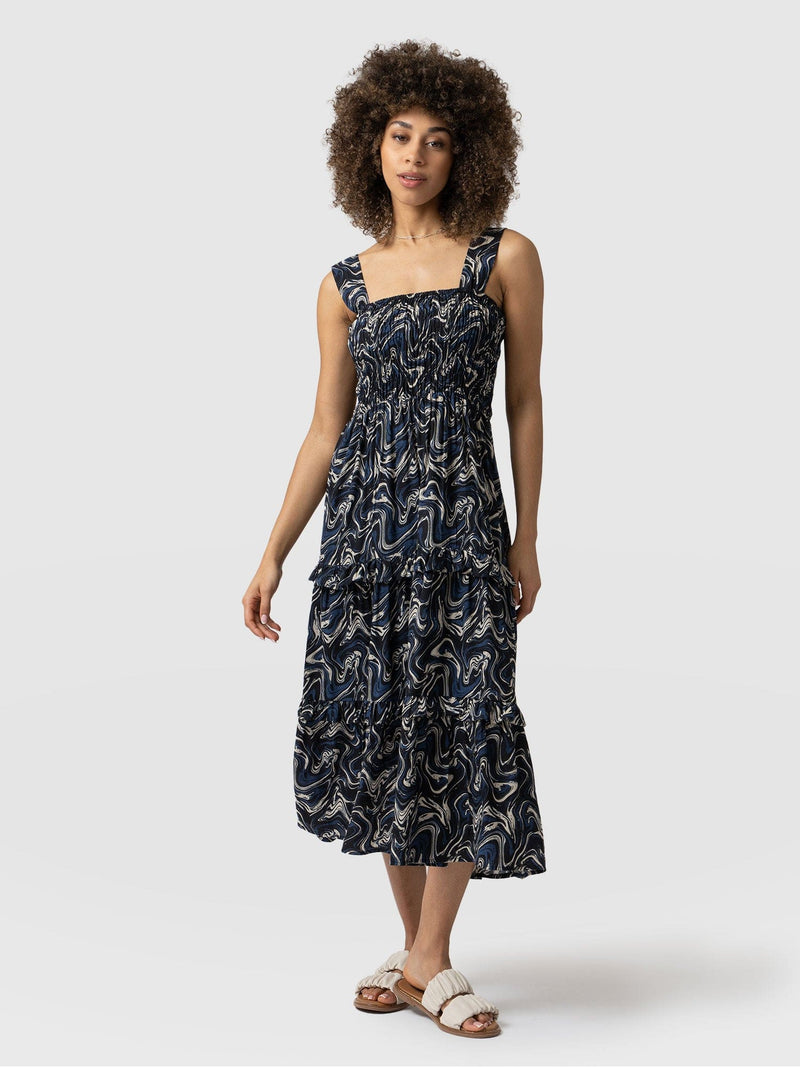 Suzi Shirring Dress Black & Navy Swirl - Women's Dresses | Saint + Sofia® USA