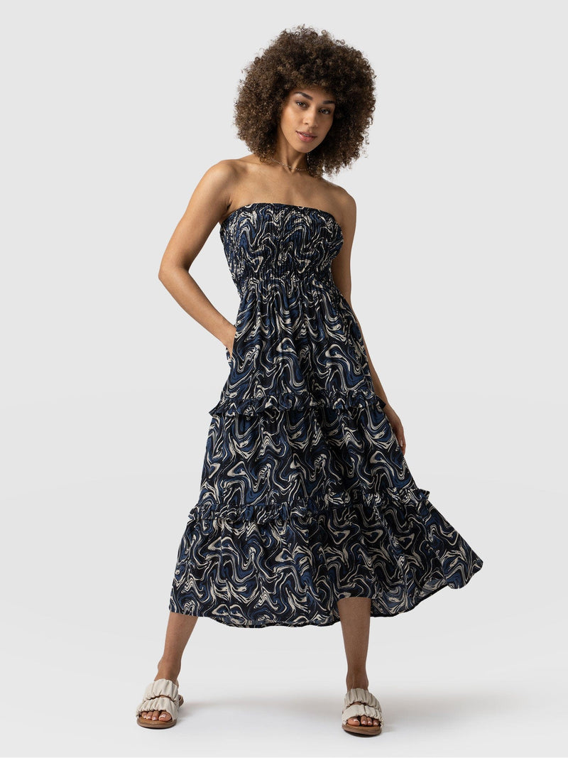 Suzi Shirring Dress Black & Navy Swirl - Women's Dresses | Saint + Sofia® USA