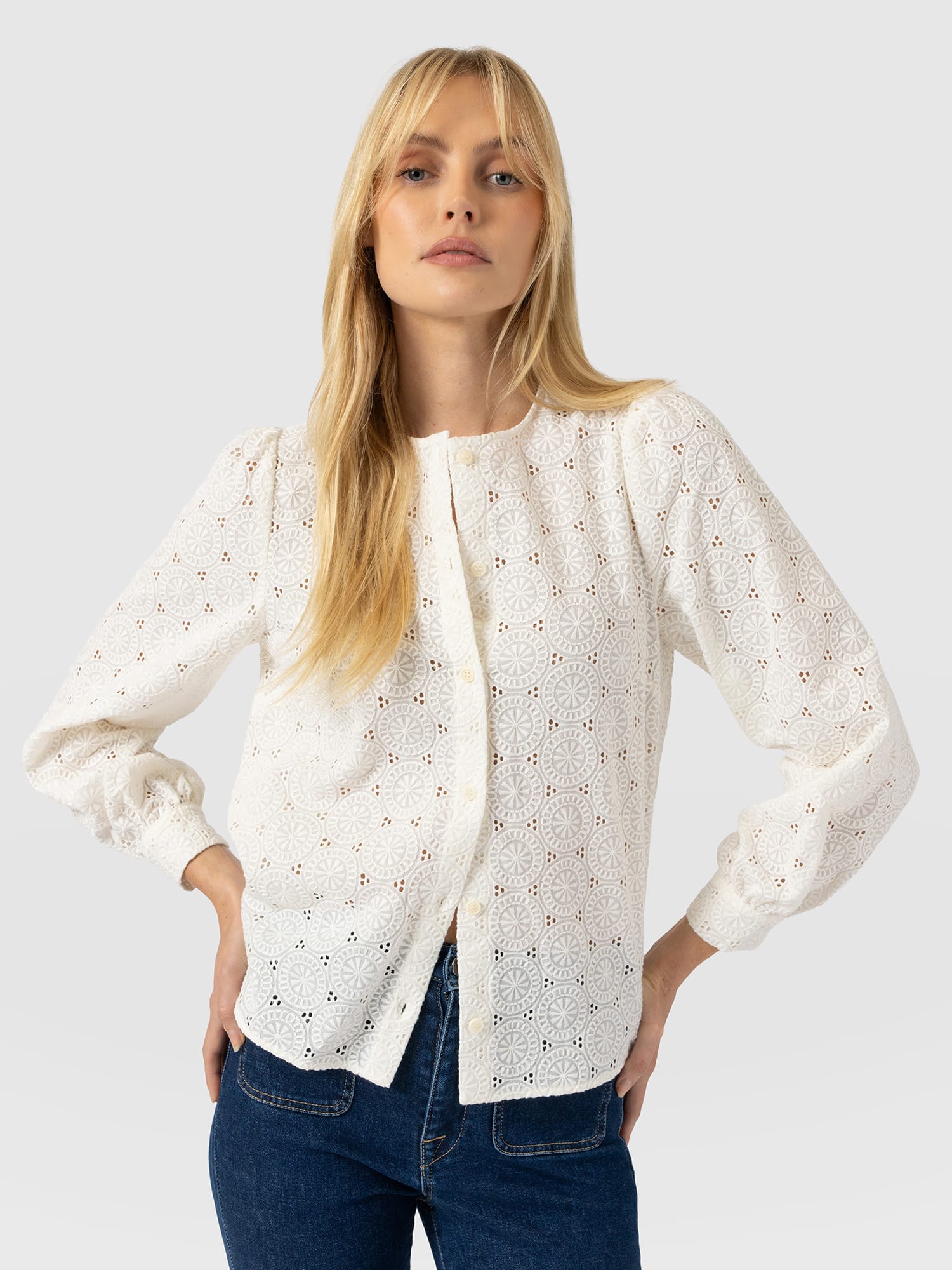 Tabitha Blouse Cream Broderie - Women's Blouses | Saint and Sofia® USA