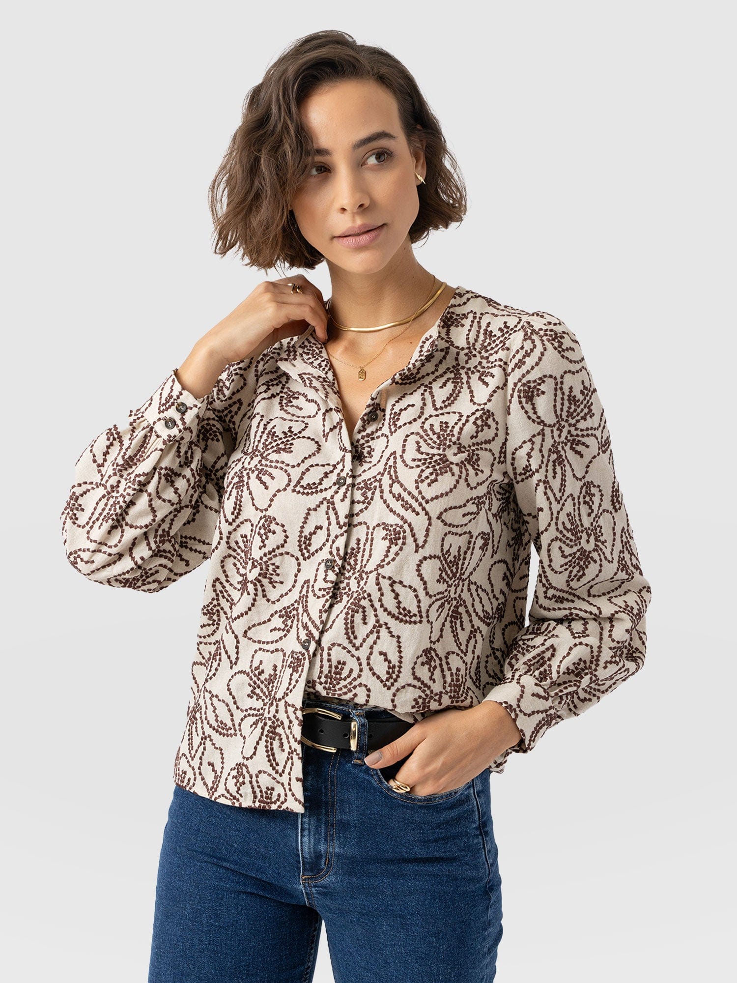Tabitha Blouse - Cream/Brown - Women's Blouses | Saint + Sofia? USA