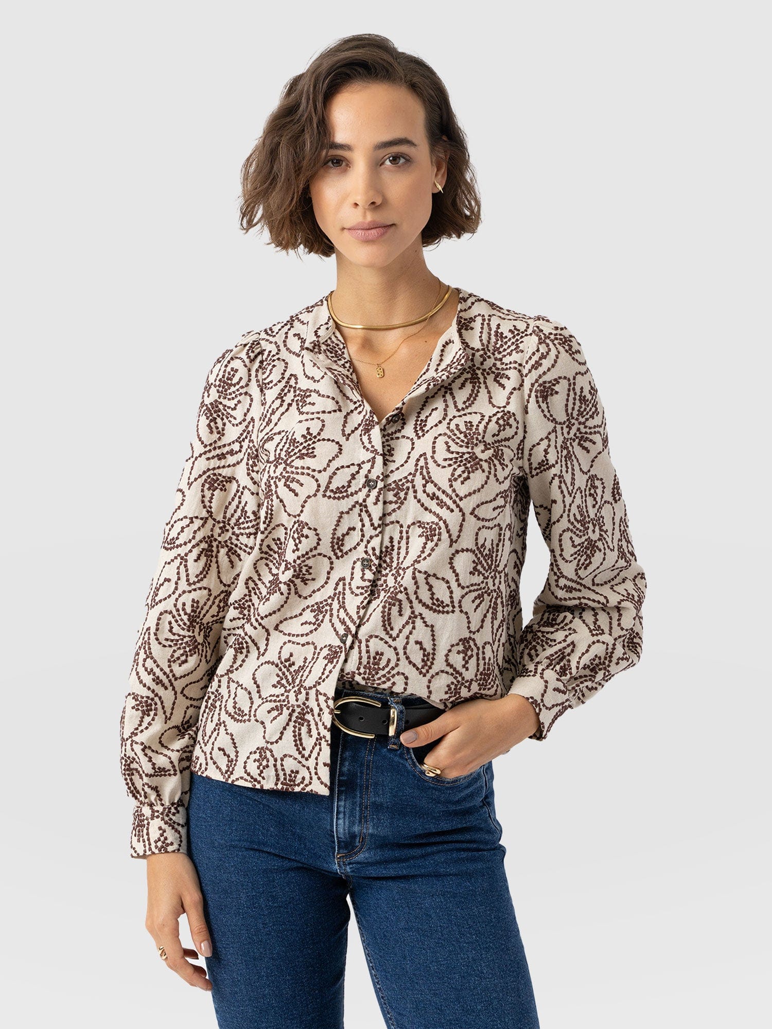 Tabitha Blouse - Cream/Brown - Women's Blouses | Saint + Sofia? USA