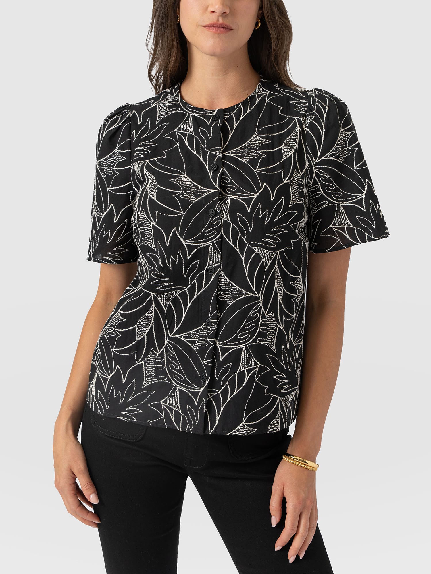 Tabitha Short Sleeve Blouse - Black Embroidered - Women's Blouses | Saint and Sofia® USA