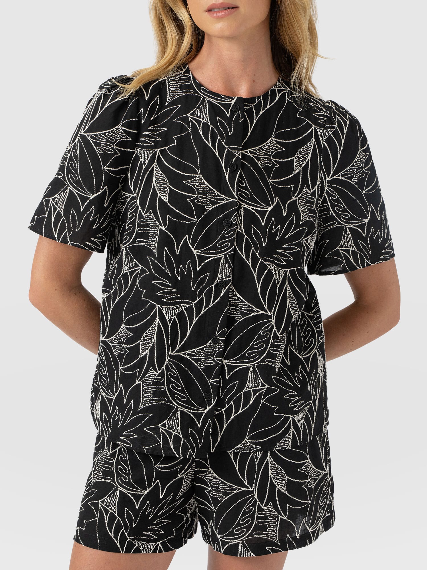 Tabitha Short Sleeve Blouse - Black Embroidered - Women's Blouses | Saint + Sofia® USA