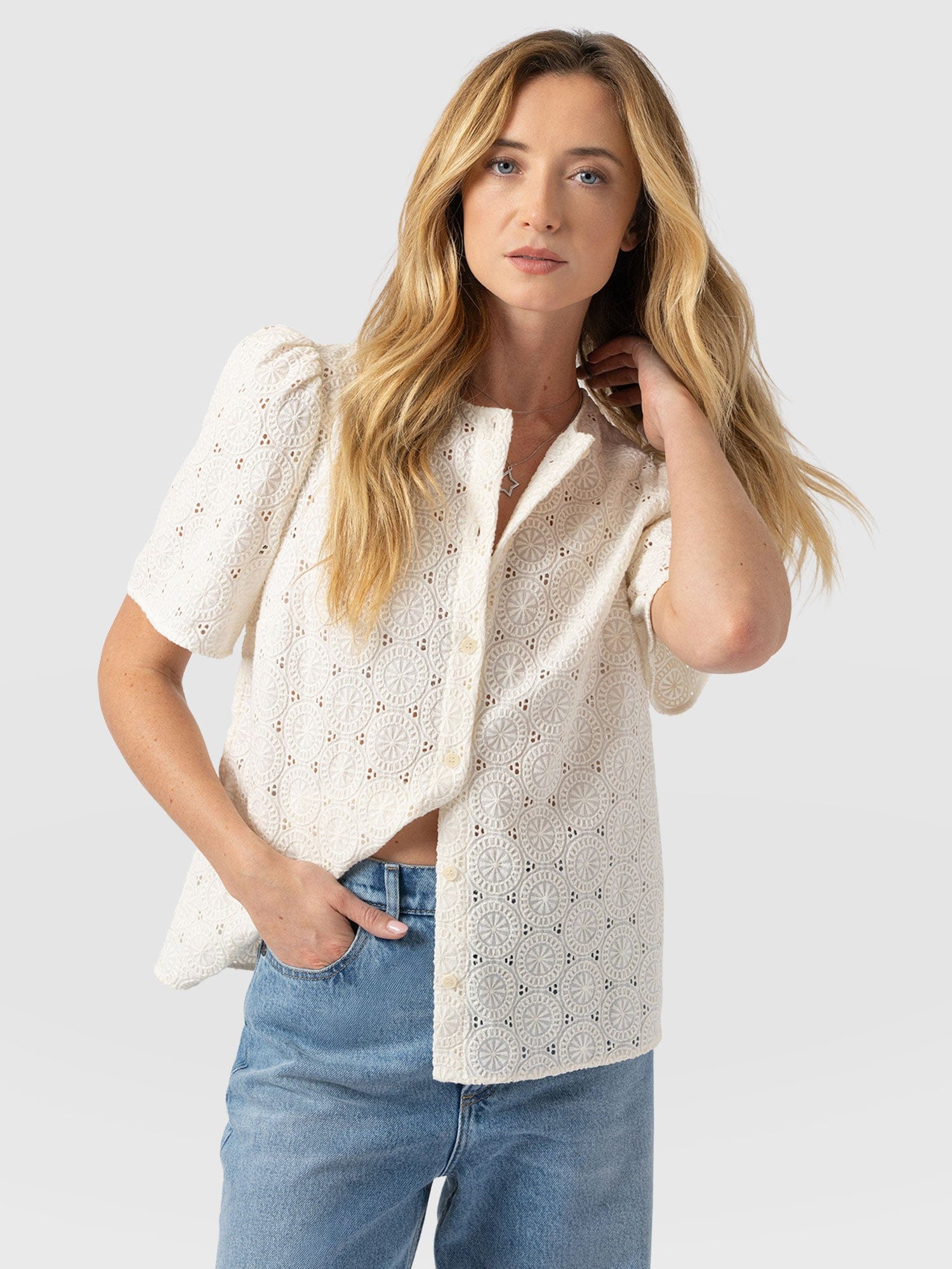 Tabitha Short Sleeve Blouse - Cream - Women's Blouses | Saint + Sofia® USA