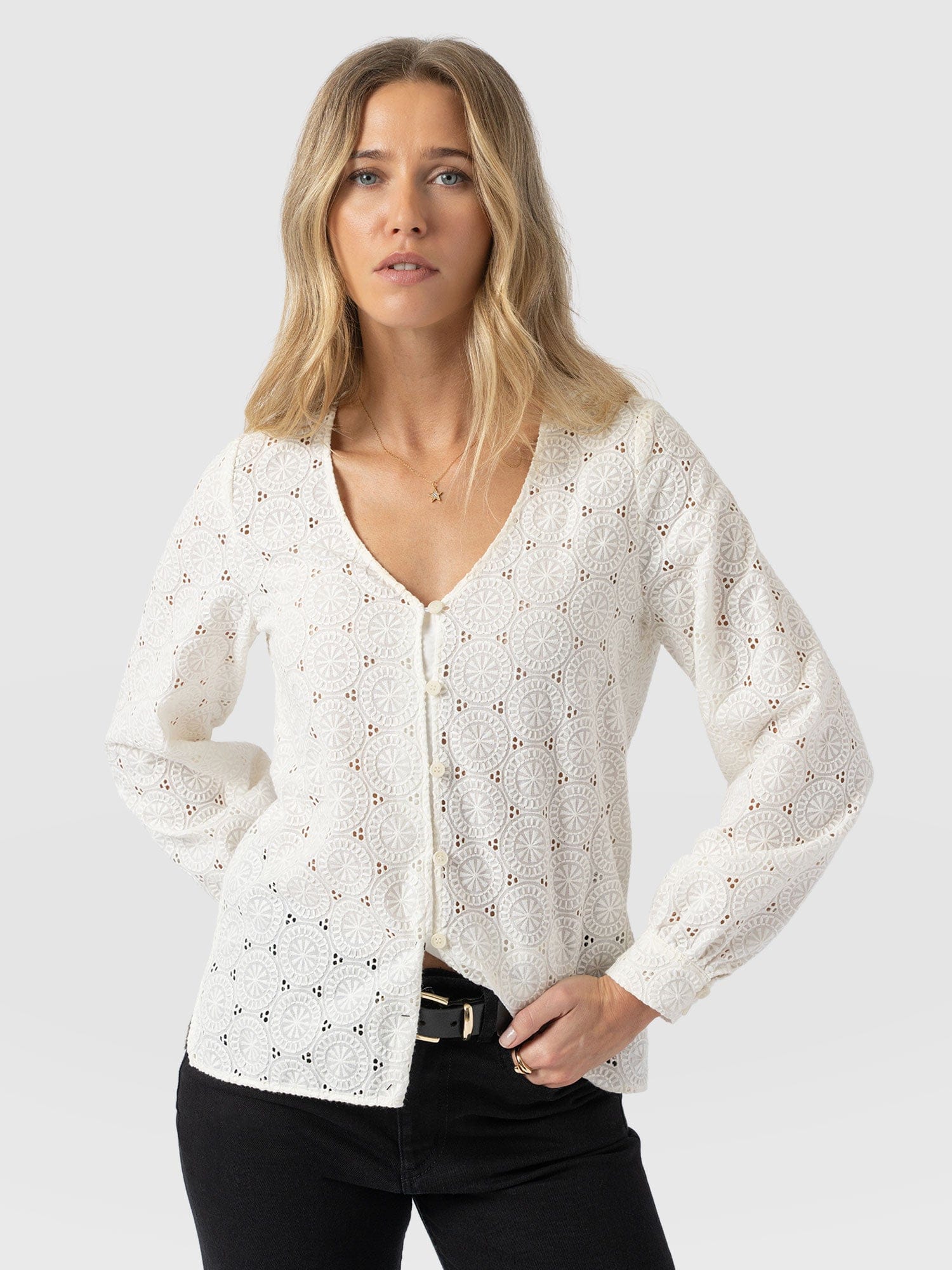 Tabitha V Neck Blouse - Cream Broderie - Women's Blouses | Saint + Sofia® USA