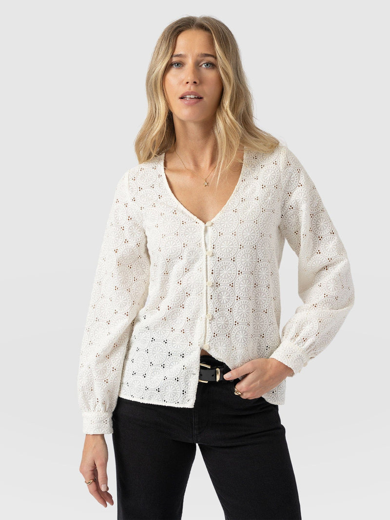Tabitha V Neck Blouse - Cream Broderie - Women's Blouses | Saint + Sofia® USA