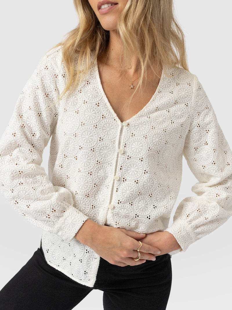 Tabitha V Neck Blouse - Cream Broderie - Women's Blouses | Saint + Sofia® USA