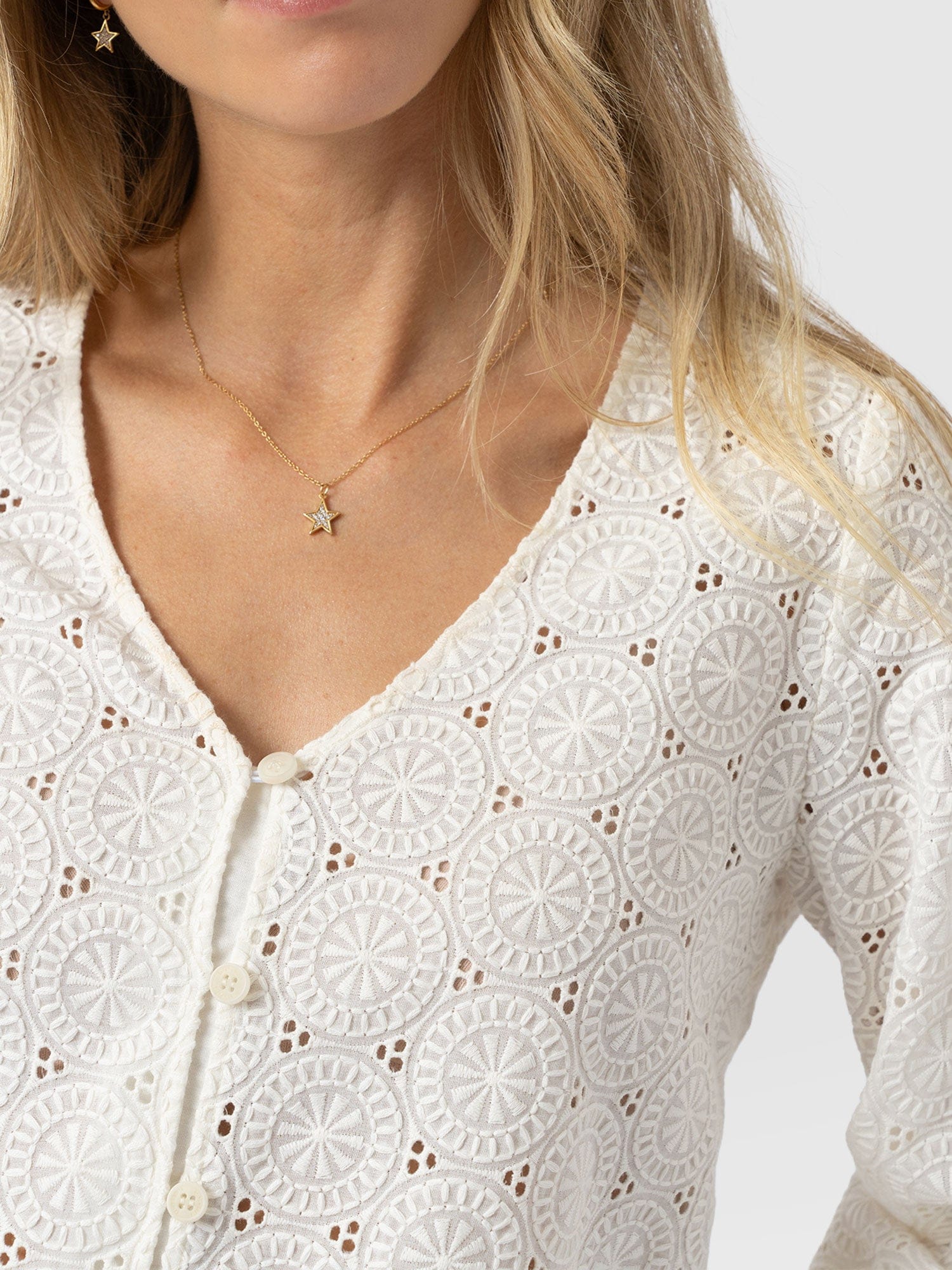 Tabitha V Neck Blouse - Cream Broderie - Women's Blouses | Saint + Sofia® USA