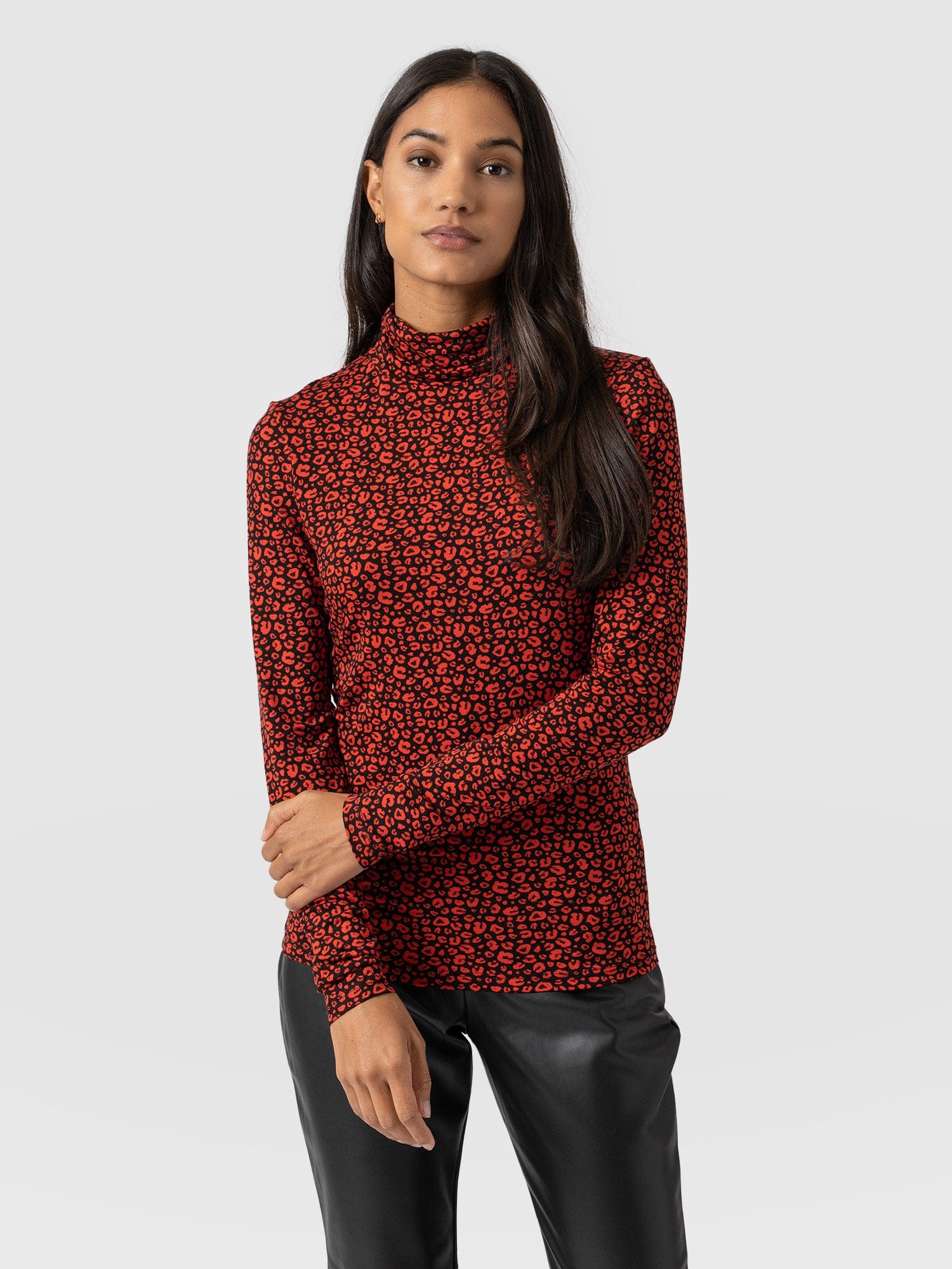 Tempest Turtle Neck Top - Red Leopard