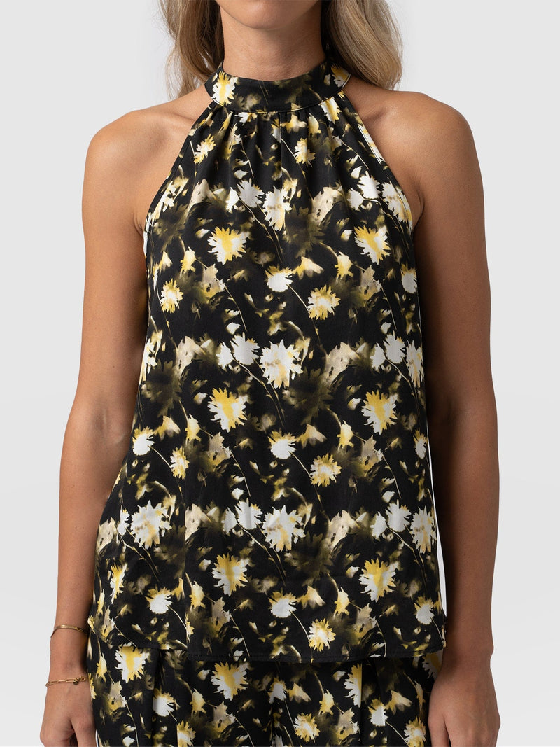 Tilda Halter Neck Black Daisy Floral - Women's T-Shirts | Saint + Sofia® UK