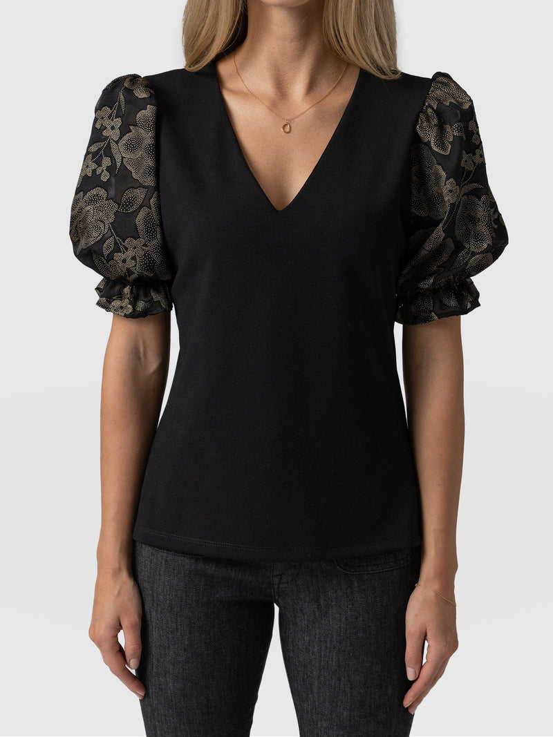 Tori Puff Sleeve Top Black & Gold Floral Burnout - Women's Tops | Saint + Sofia® USA