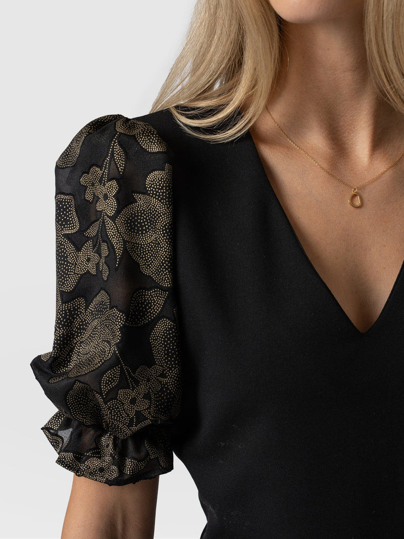 Tori Puff Sleeve Top Black & Gold Floral Burnout - Women's Tops | Saint + Sofia® USA