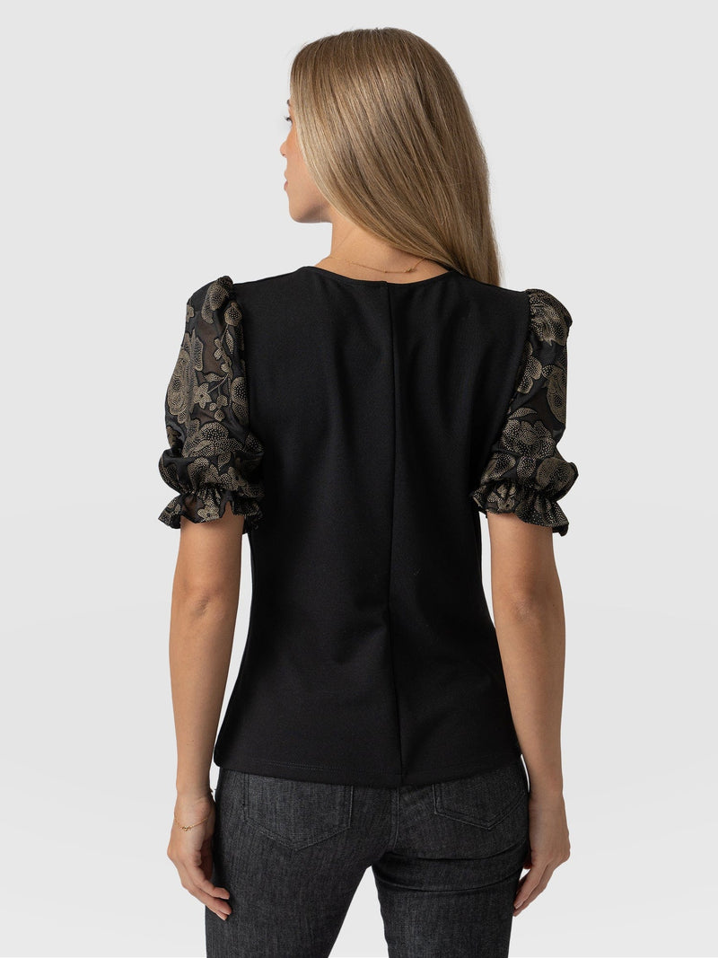 Tori Puff Sleeve Top Black & Gold Floral Burnout - Women's Tops | Saint + Sofia® USA