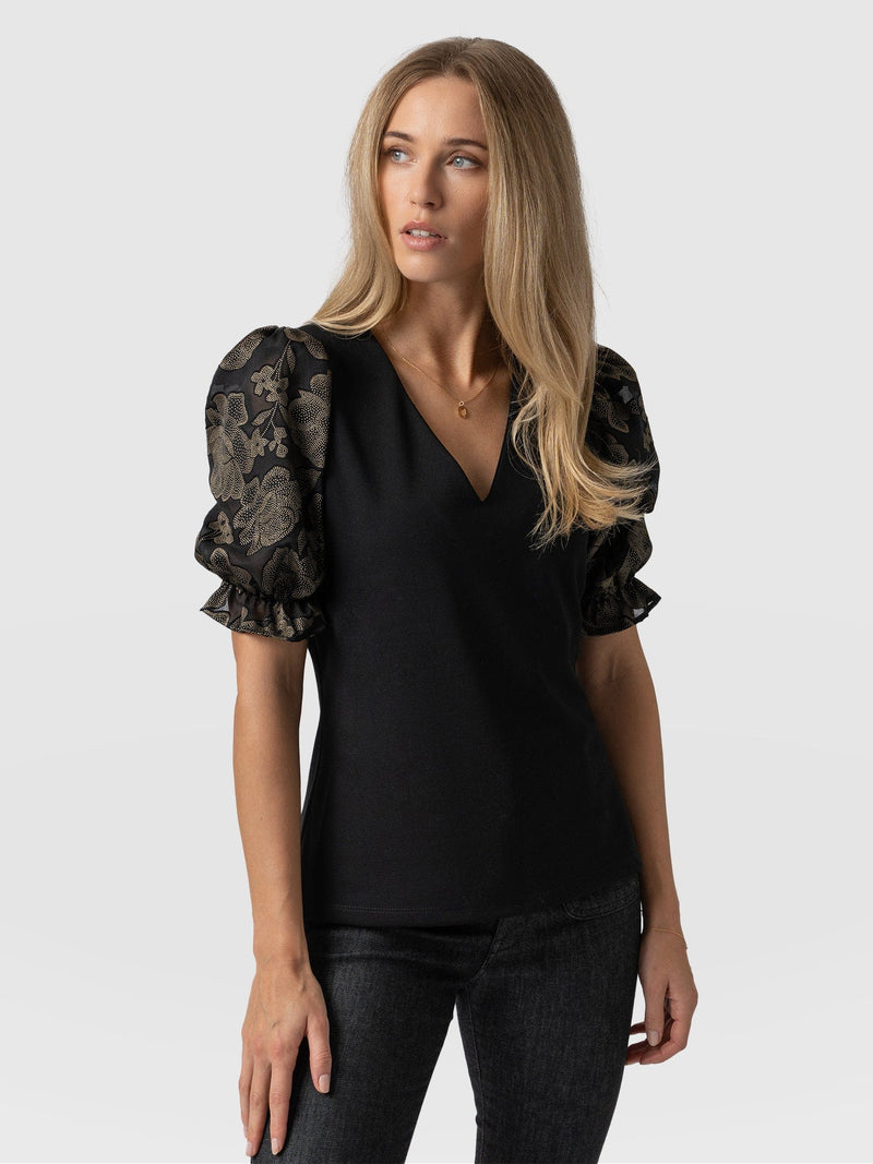 Tori Puff Sleeve Top Black & Gold Floral Burnout - Women's Tops | Saint + Sofia® USA