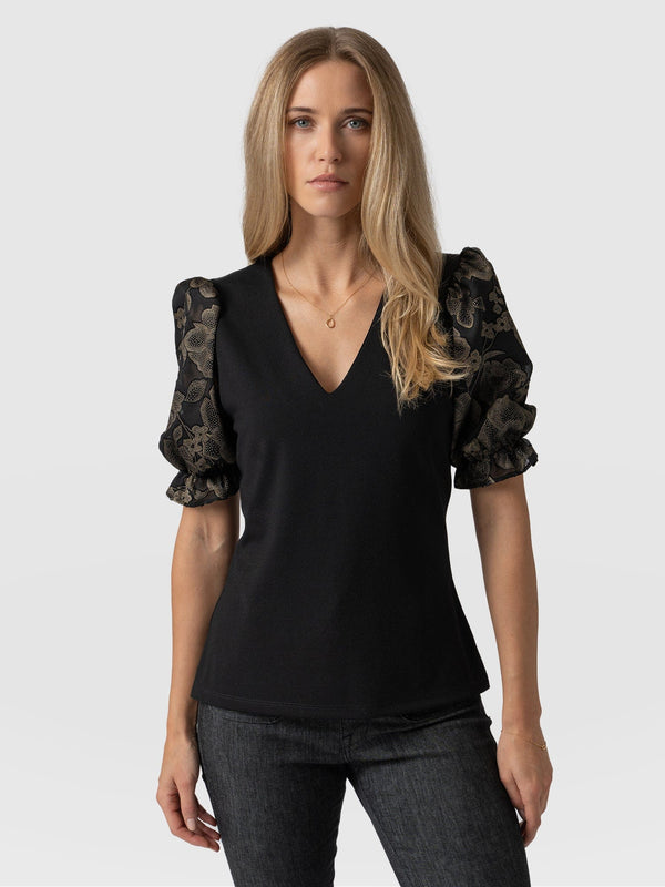 Tori Puff Sleeve Top Black & Gold Floral Burnout - Women's Tops | Saint + Sofia® USA