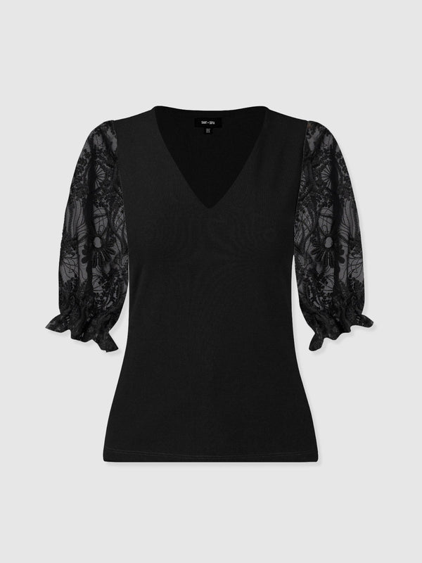 Tori Puff Sleeve Top - Black Lace - Women's T-shirts | Saint + Sofia® USA