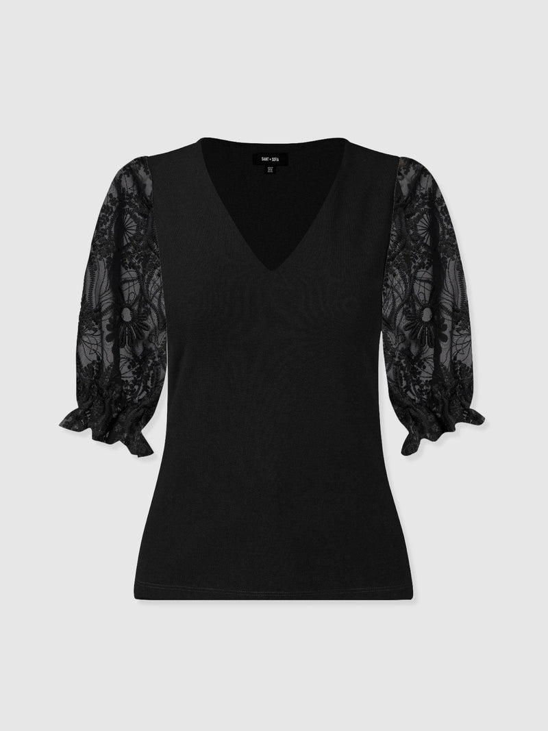 Tori Puff Sleeve Top - Black Lace - Women's T-shirts | Saint + Sofia® USA