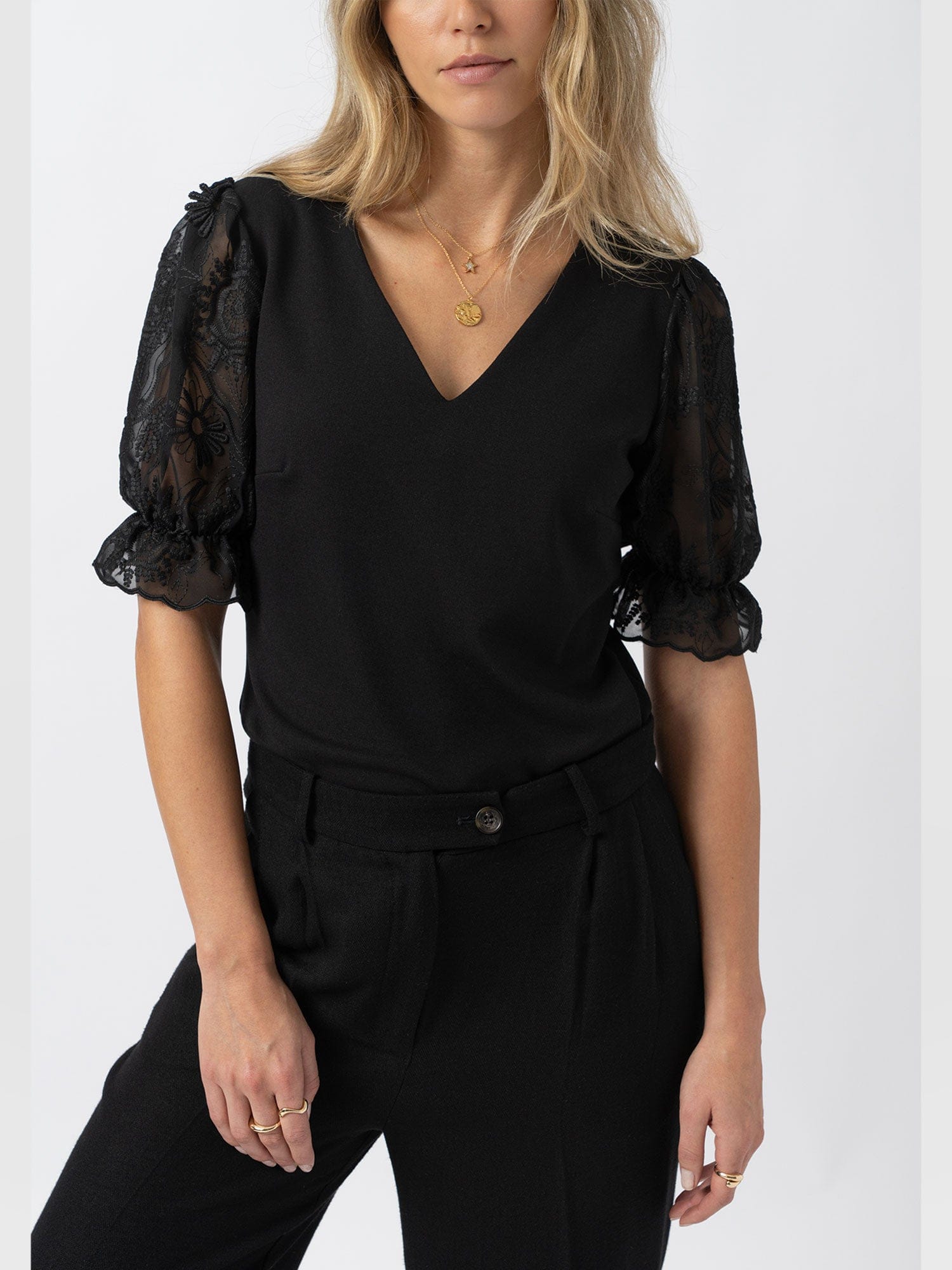 Tori Puff Sleeve Top - Black Lace - Women's T-shirts | Saint + Sofia® USA
