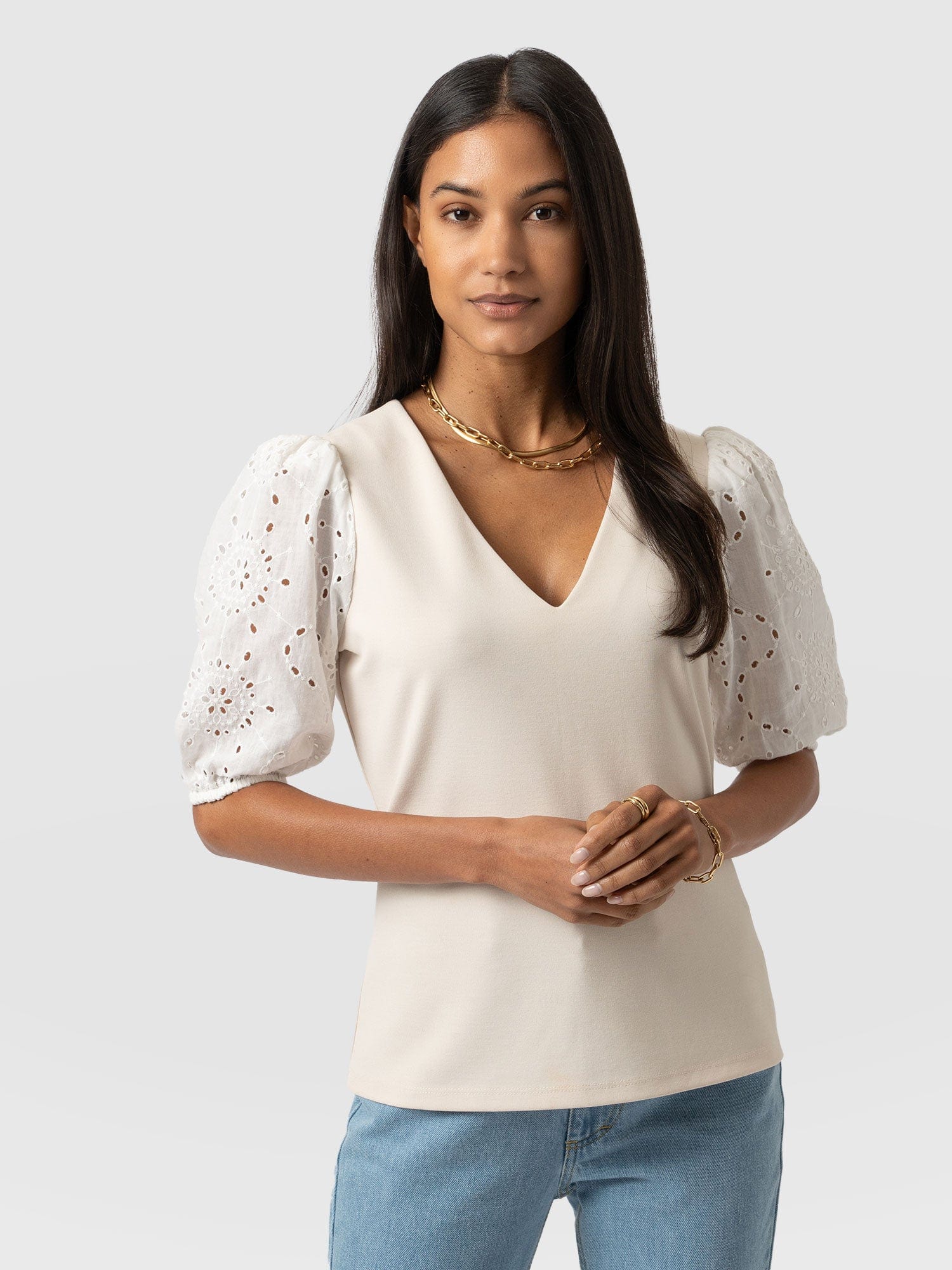 Tori Puff Sleeve Top Cream Broderie - Women's Tops | Saint + Sofia® USA