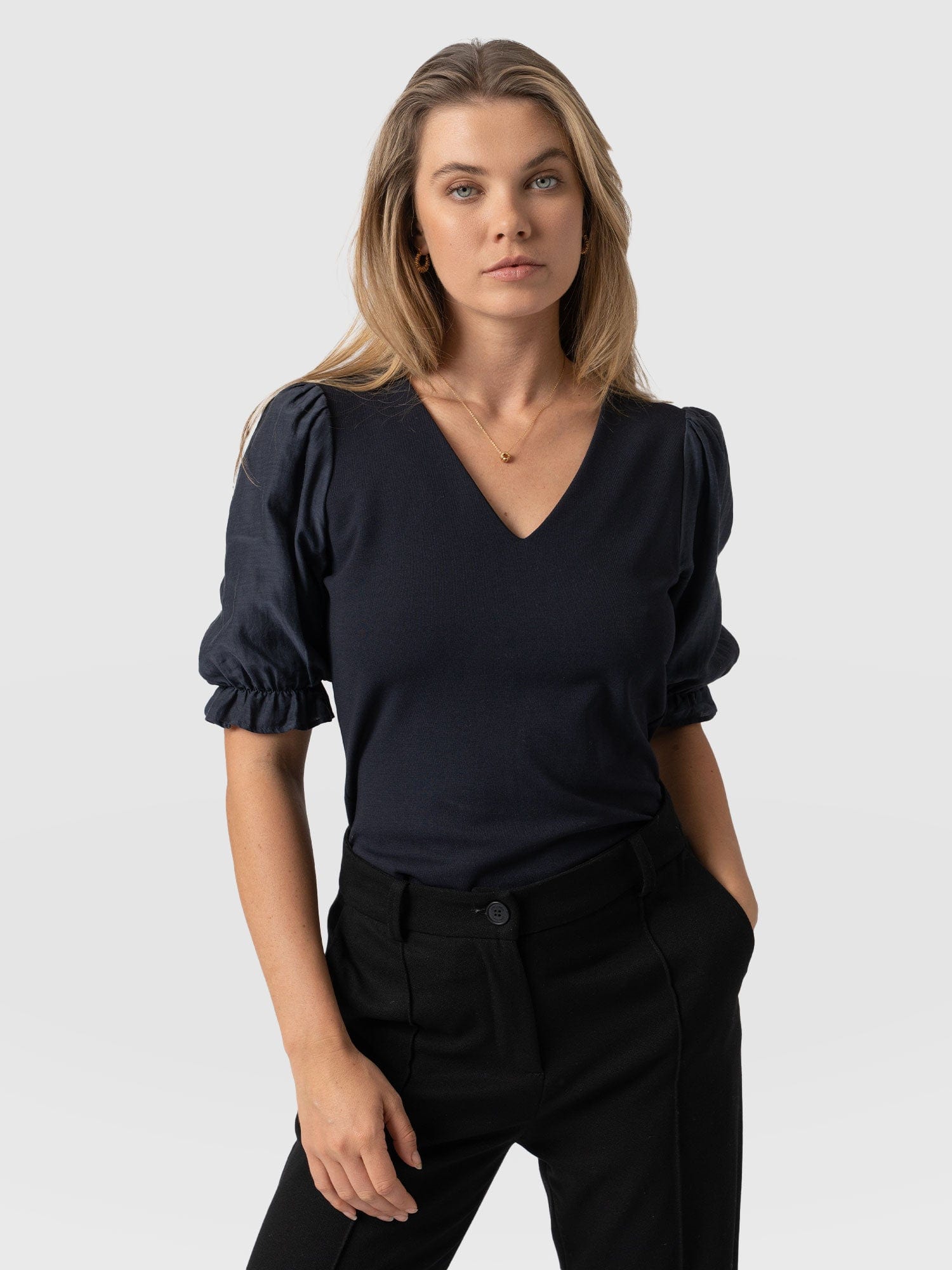 Tori Puff Sleeve Top Navy Ponte - Women's Tops | Saint + Sofia® USA