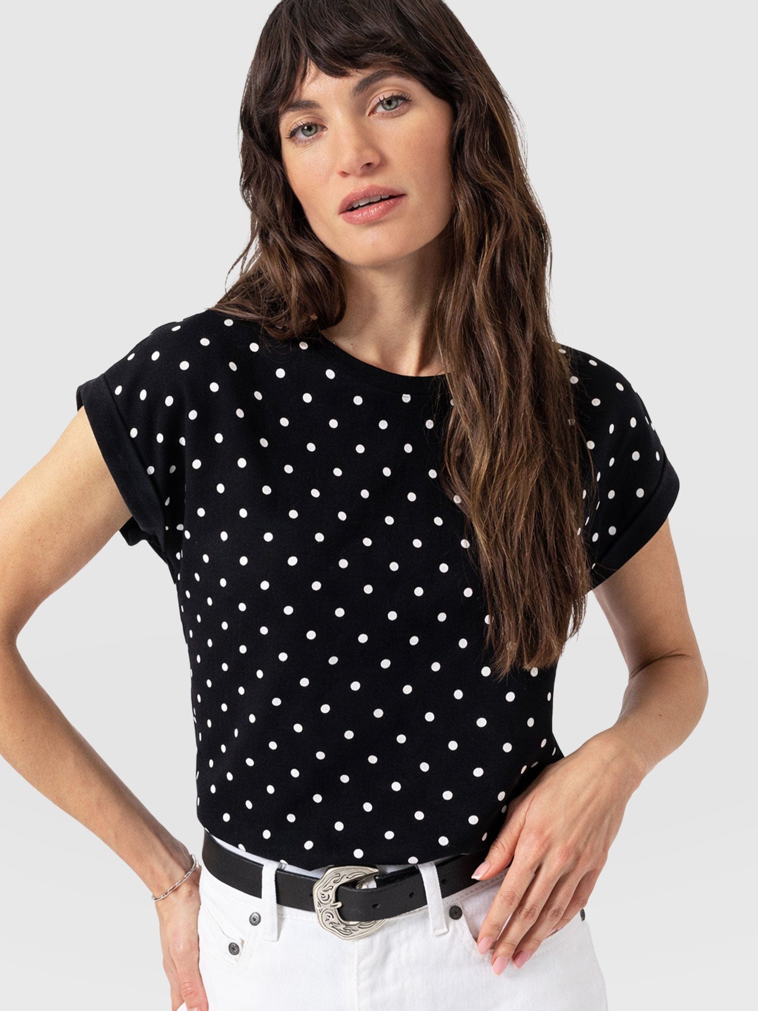 Turn Up Contrast Tee - Black Polka Dot - Women's T-shirts | Saint + Sofia® USA