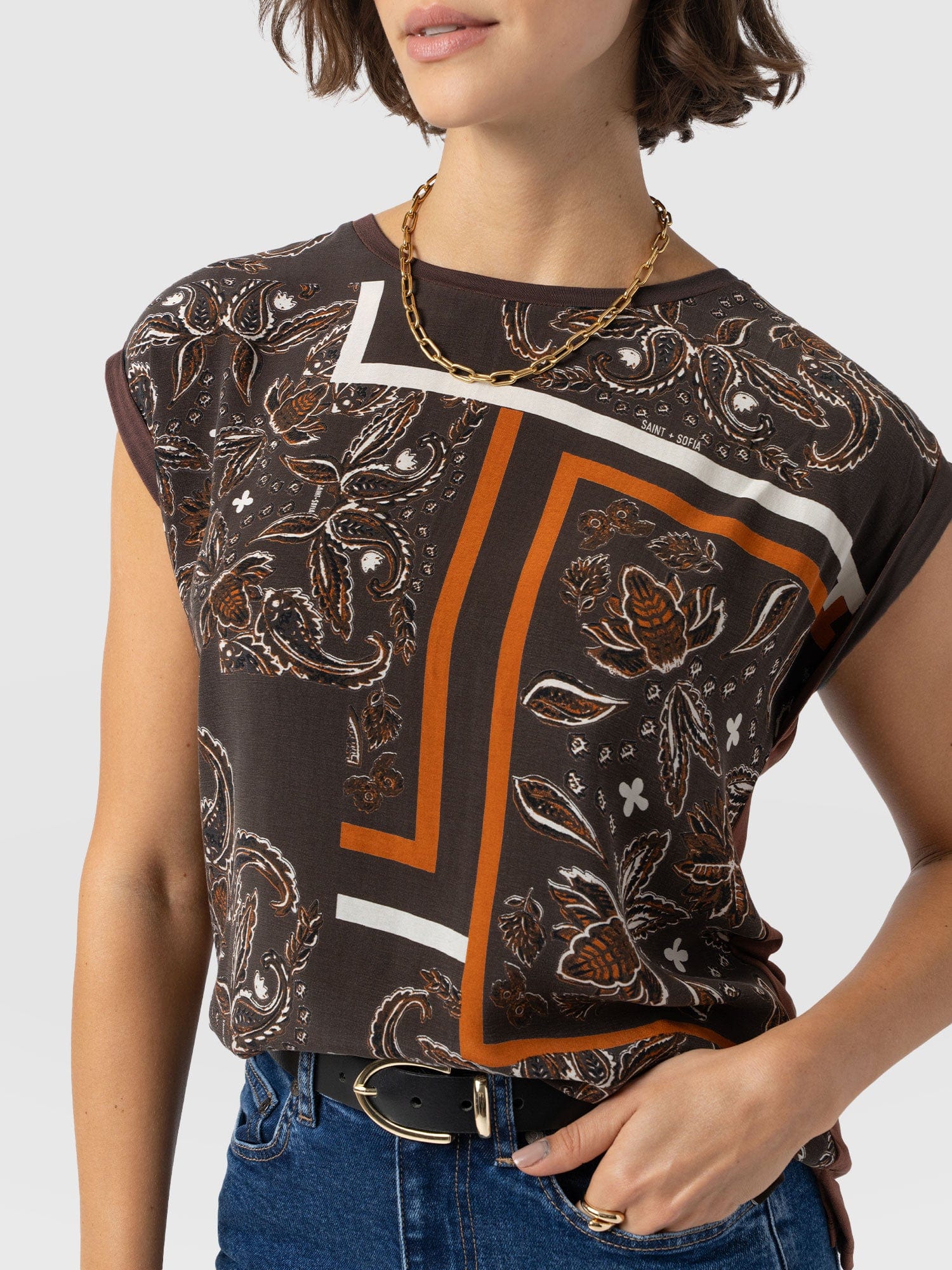 Turn Up Contrast Tee - Brown Paisley - Women's T-shirts | Saint + Sofia? USA