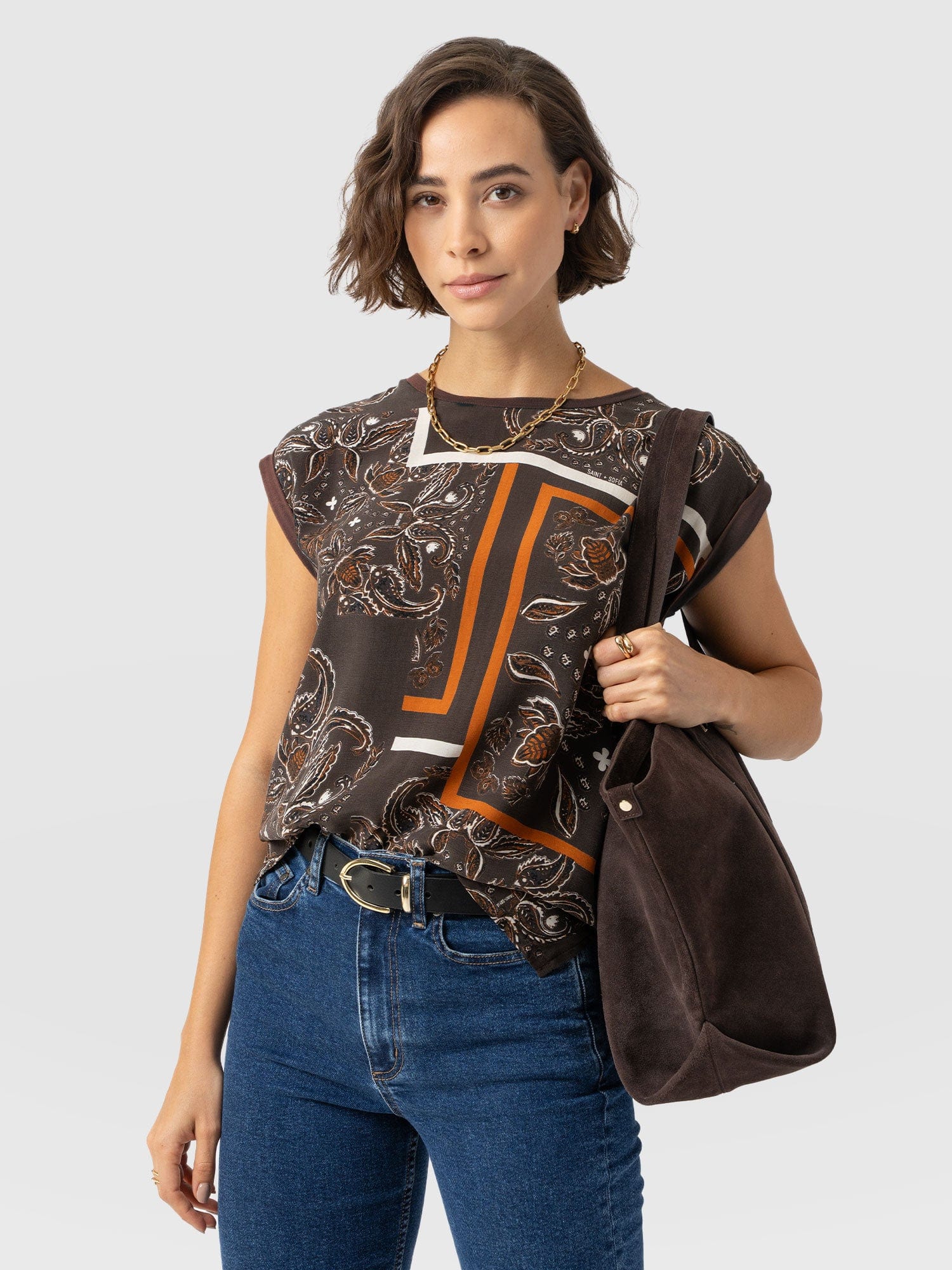 Turn Up Contrast Tee - Brown Paisley - Women's T-shirts | Saint + Sofia? USA