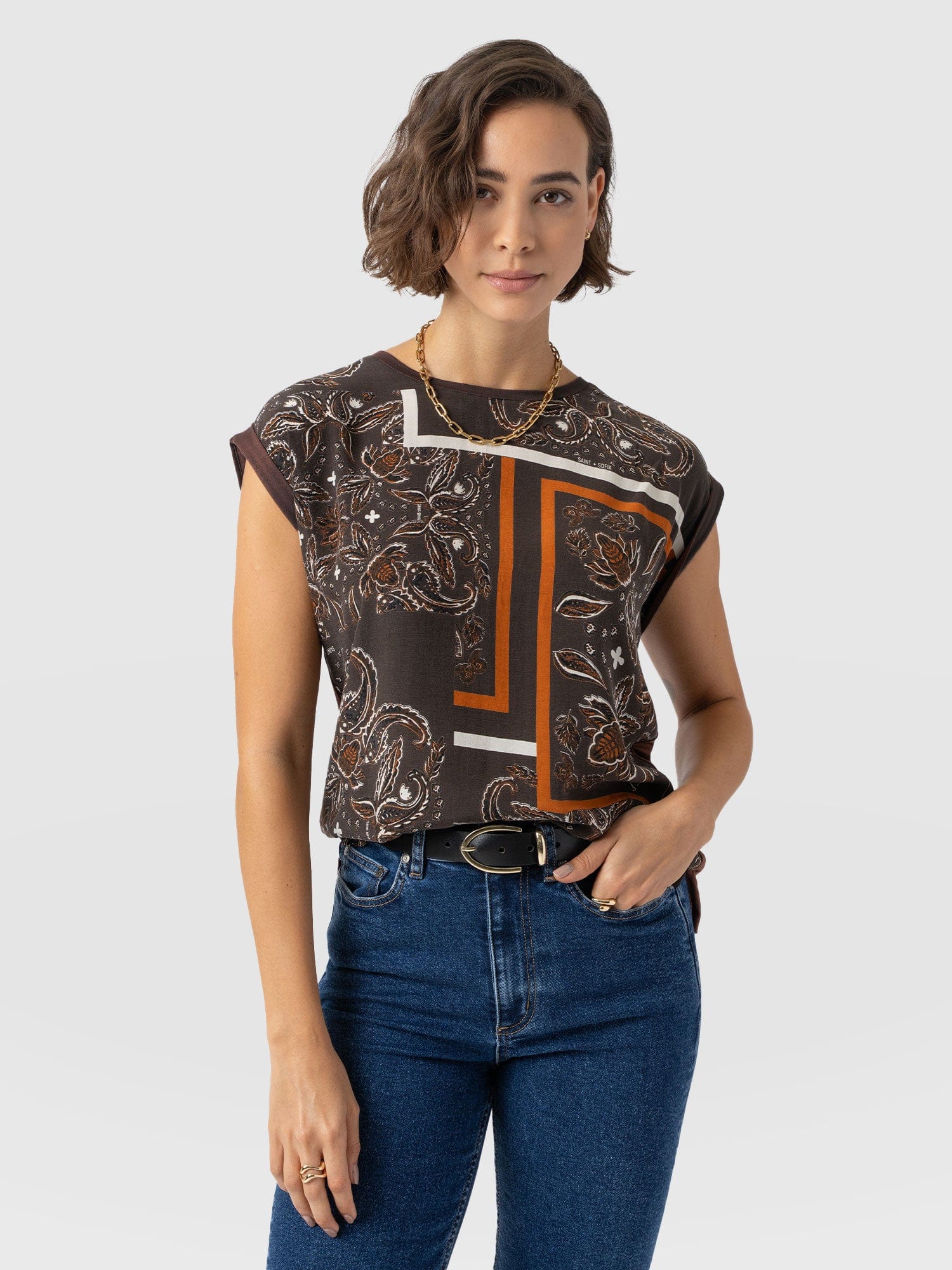 Turn Up Contrast Tee - Brown Paisley - Women's T-shirts | Saint + Sofia? USA