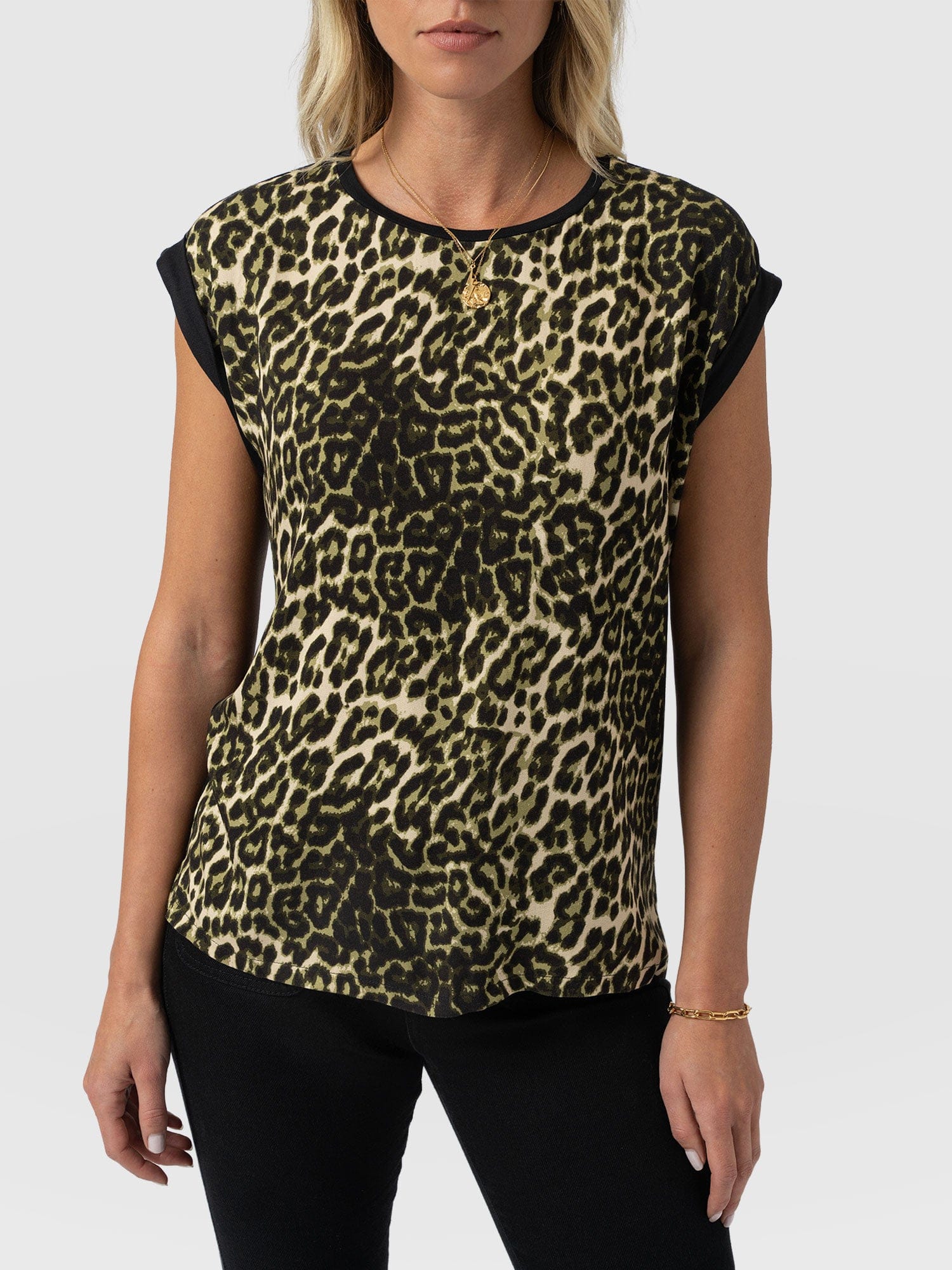 Turn Up Contrast Tee - Green Leopard - Women's T-shirts | Saint + Sofia® USA