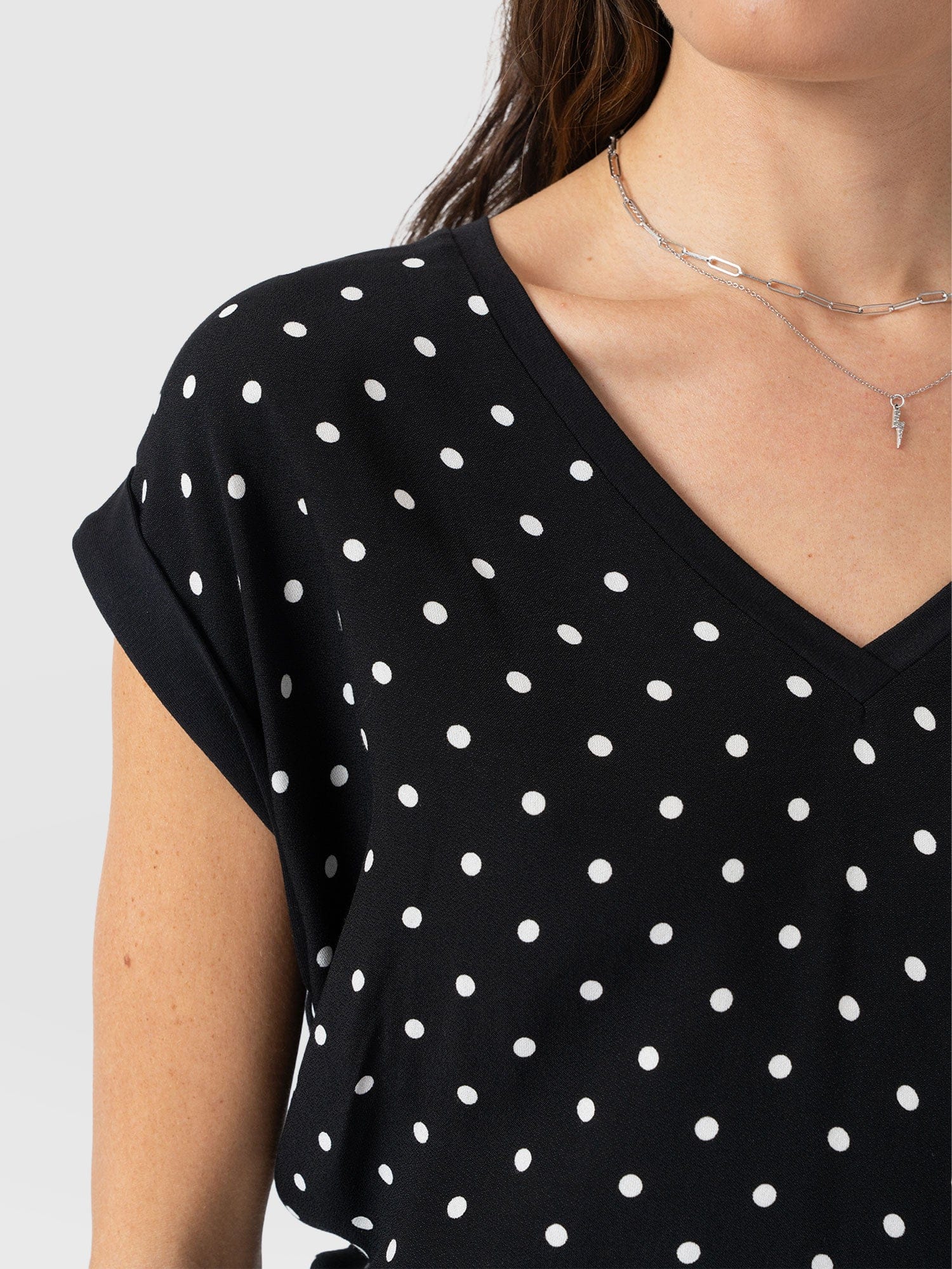 Turn Up Contrast V Neck Tee - Black Polka Dot - Women's T-shirts | Saint + Sofia® USA