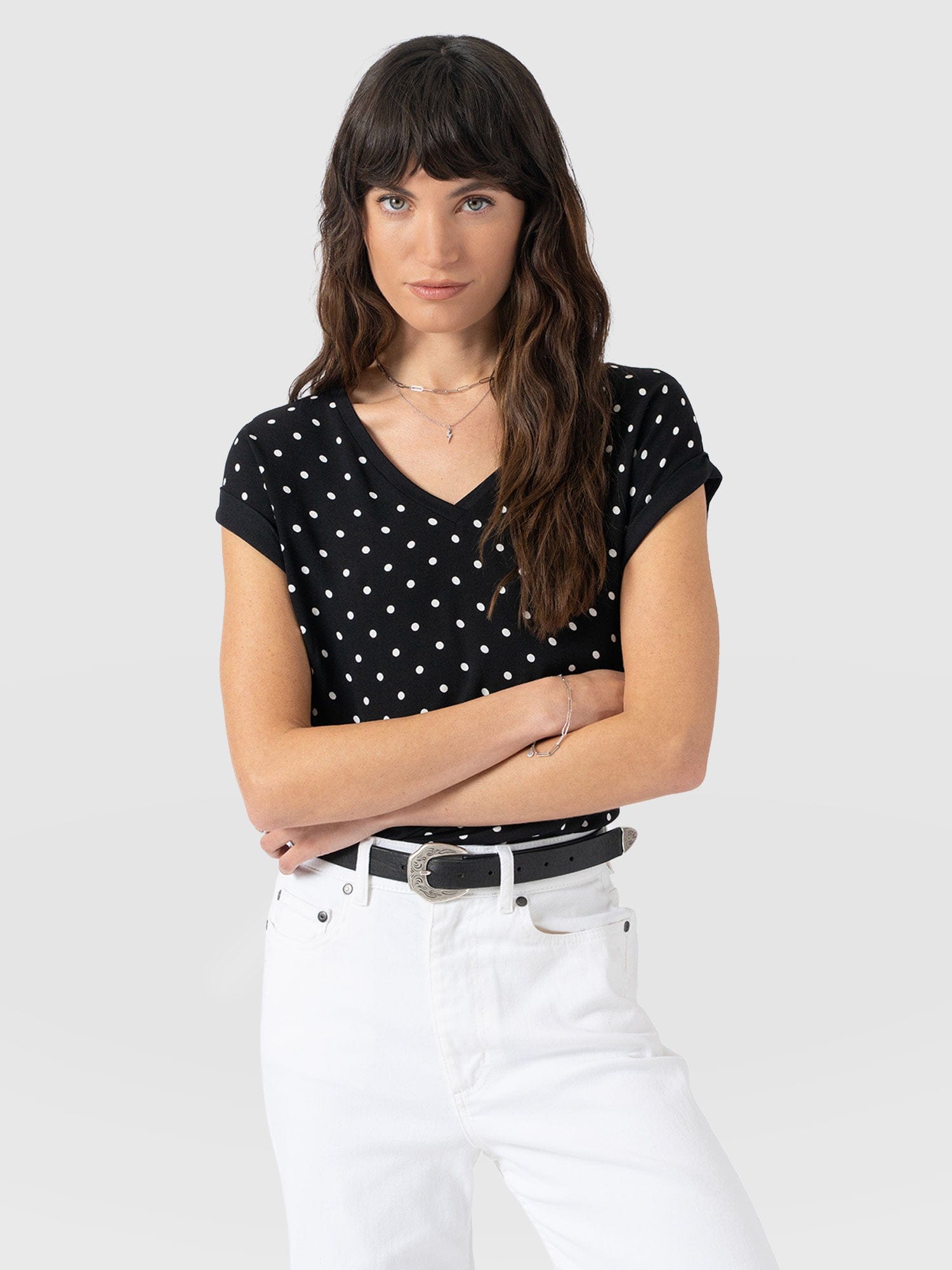 Turn Up Contrast V Neck Tee - Black Polka Dot - Women's T-shirts | Saint + Sofia® USA