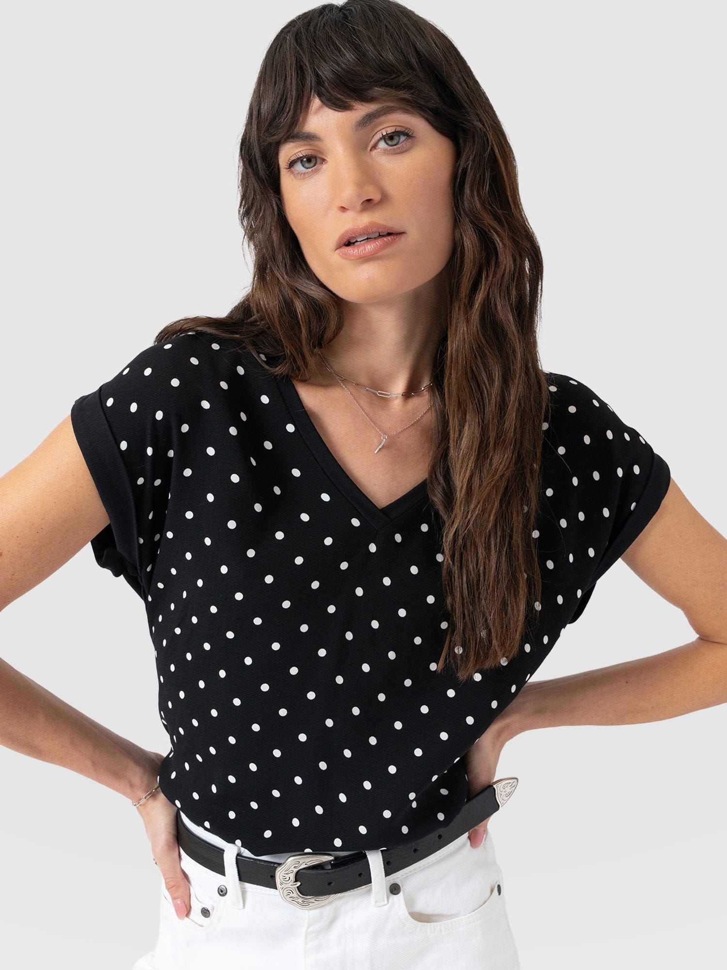 Turn Up Contrast V Neck Tee - Black Polka Dot - Women's T-shirts | Saint + Sofia® USA