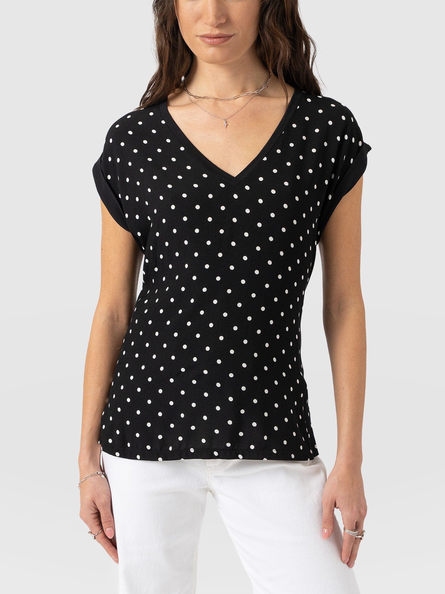 Turn Up Contrast V Neck Tee - Black Polka Dot - Women's T-shirts | Saint + Sofia® USA