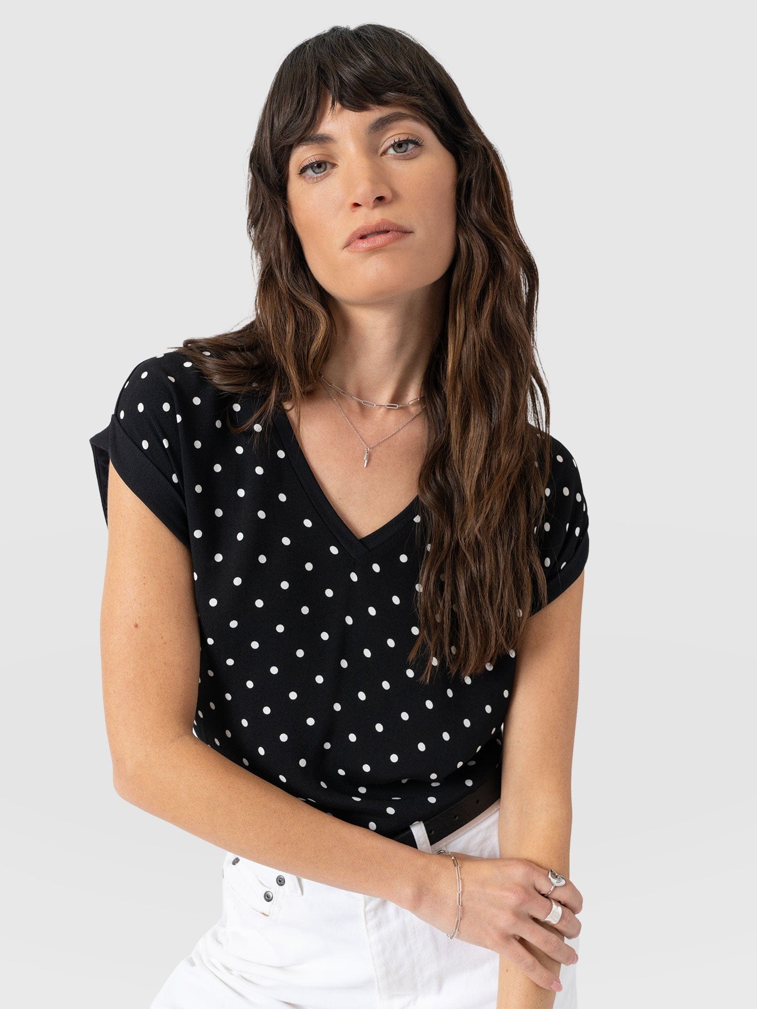 Turn Up Contrast V Neck Tee - Black Polka Dot - Women's T-shirts | Saint + Sofia® USA