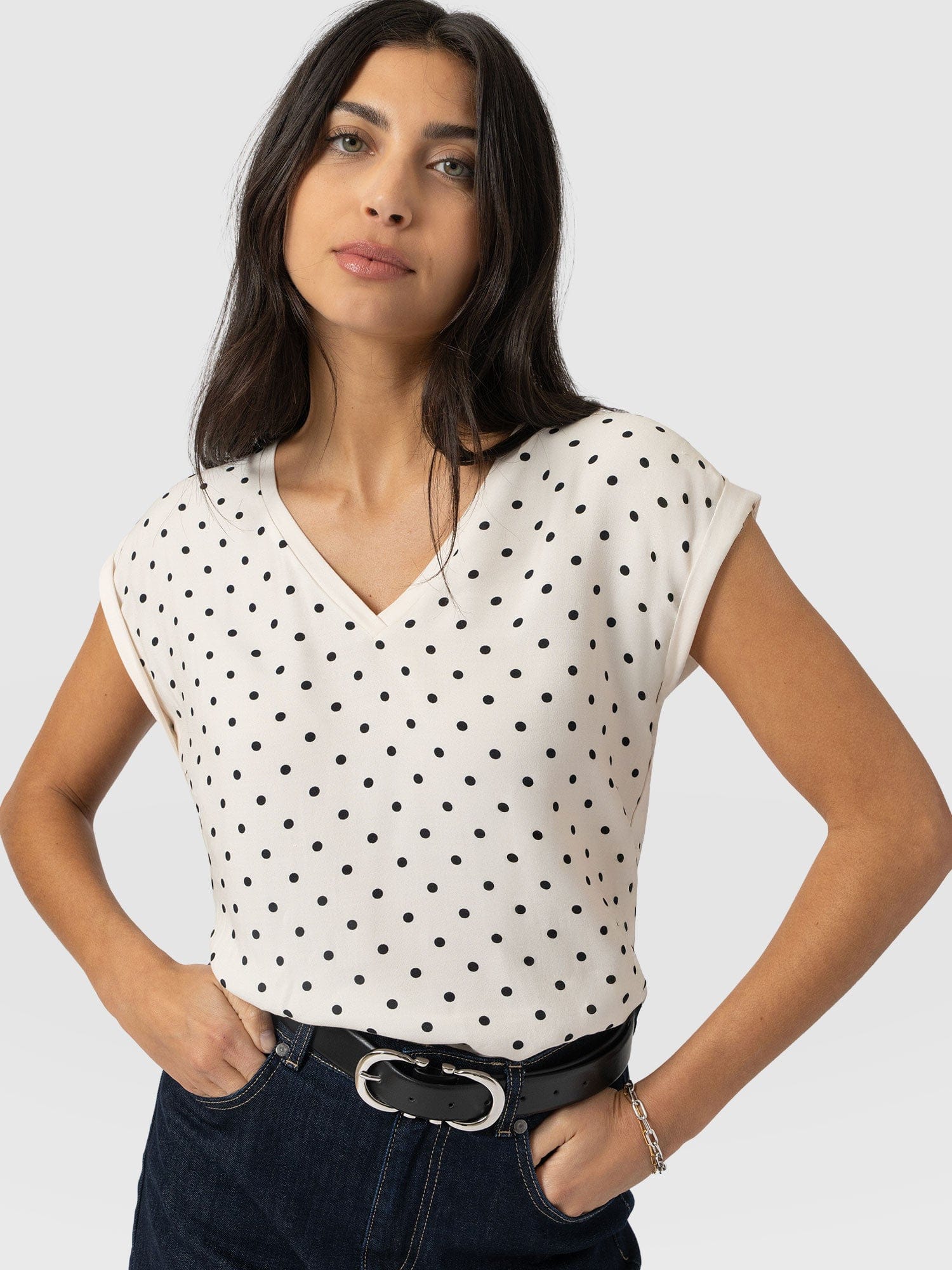 Turn Up Contrast V Neck Tee - Cream Polka Dot - Women's T-shirts | Saint + Sofia® USA