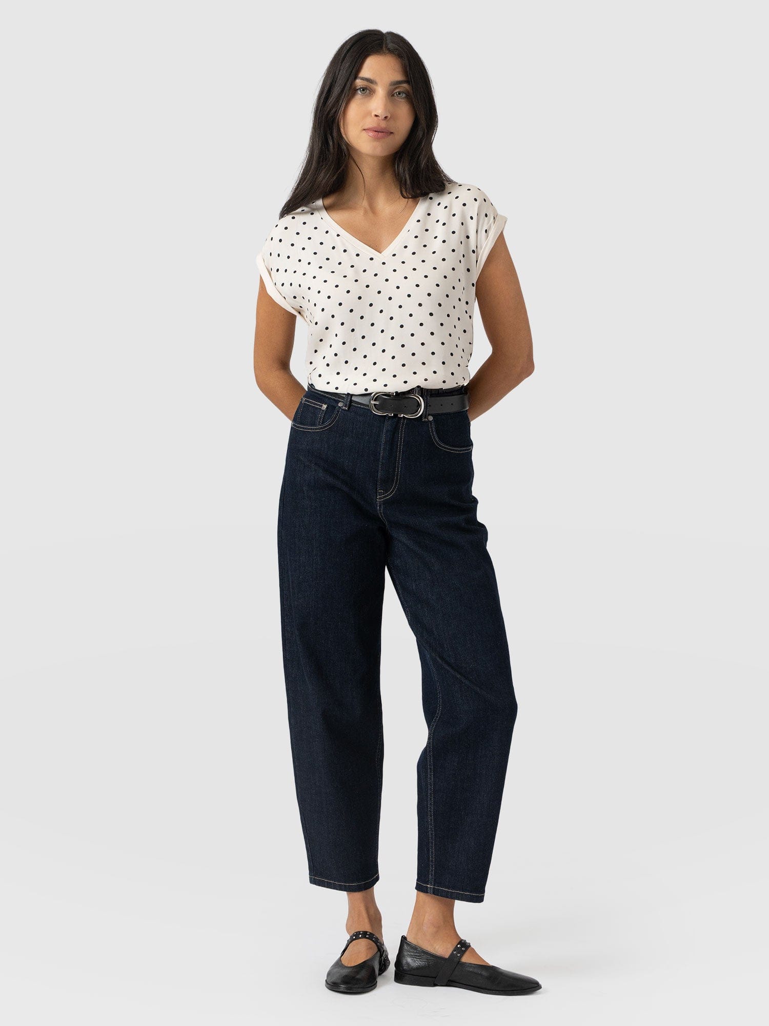 Turn Up Contrast V Neck Tee - Cream Polka Dot - Women's T-shirts | Saint + Sofia® USA