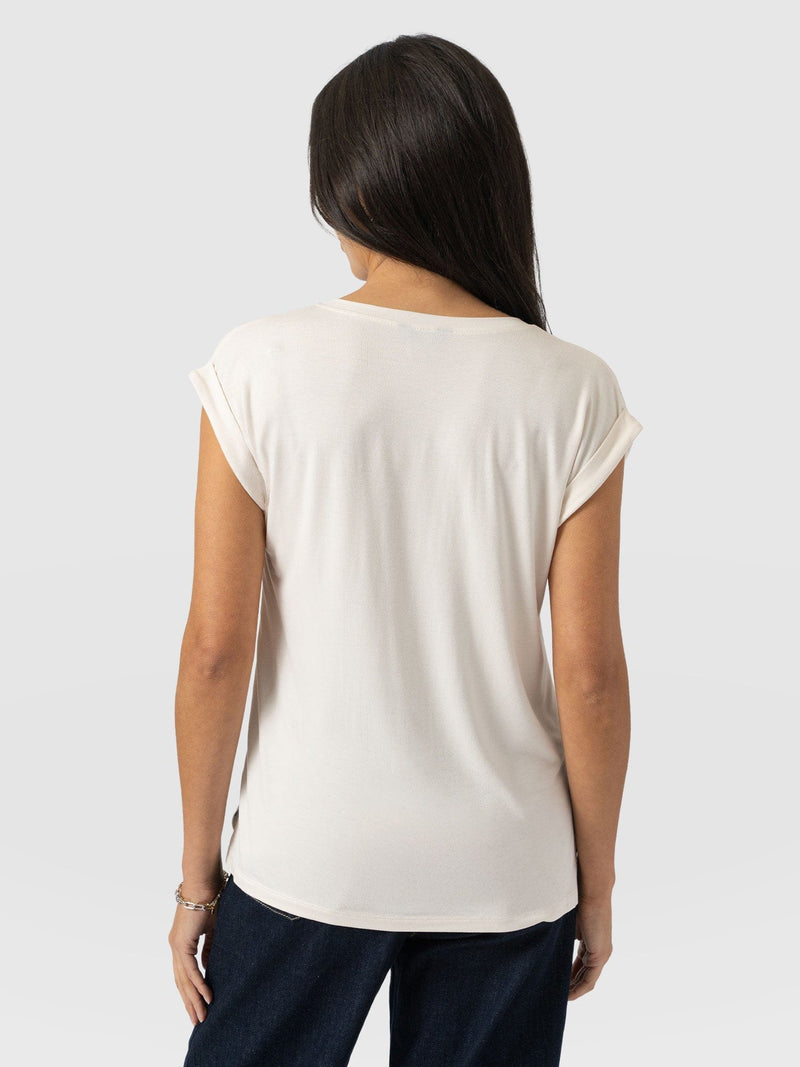 Turn Up Contrast V Neck Tee - Cream Polka Dot - Women's T-shirts | Saint + Sofia® USA