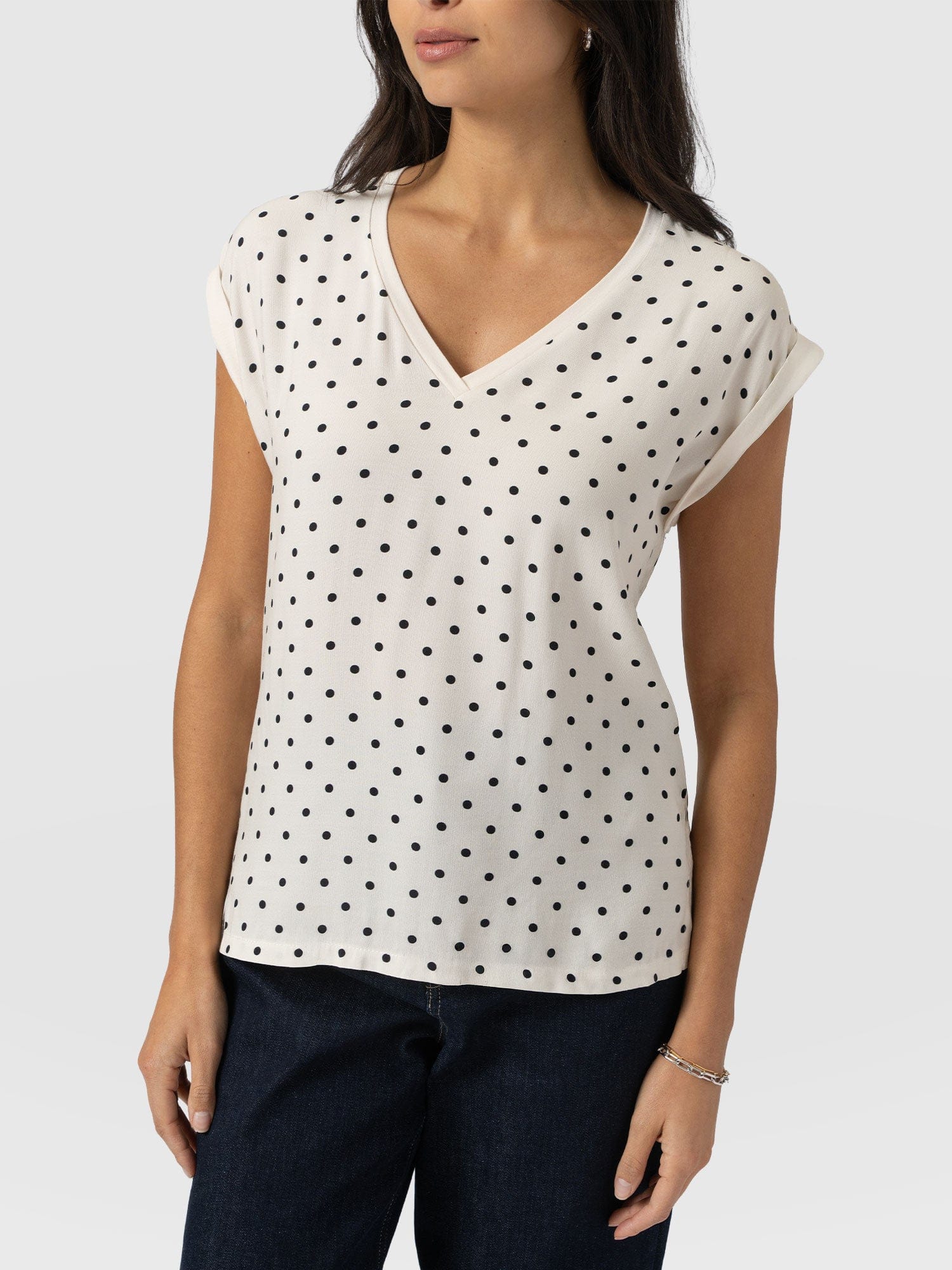 Turn Up Contrast V Neck Tee - Cream Polka Dot - Women's T-shirts | Saint + Sofia® USA