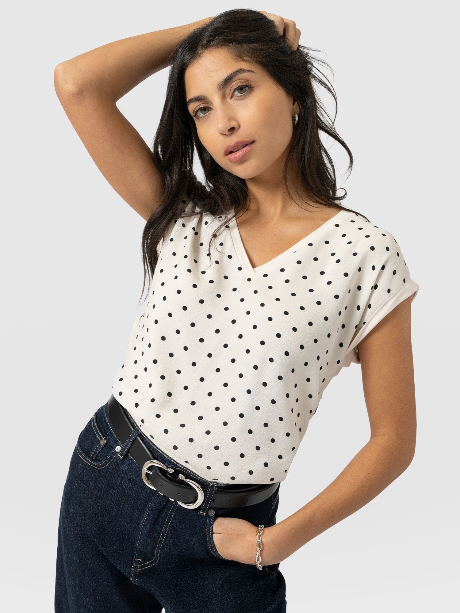 Turn Up Contrast V Neck Tee - Cream Polka Dot - Women's T-shirts | Saint + Sofia® USA