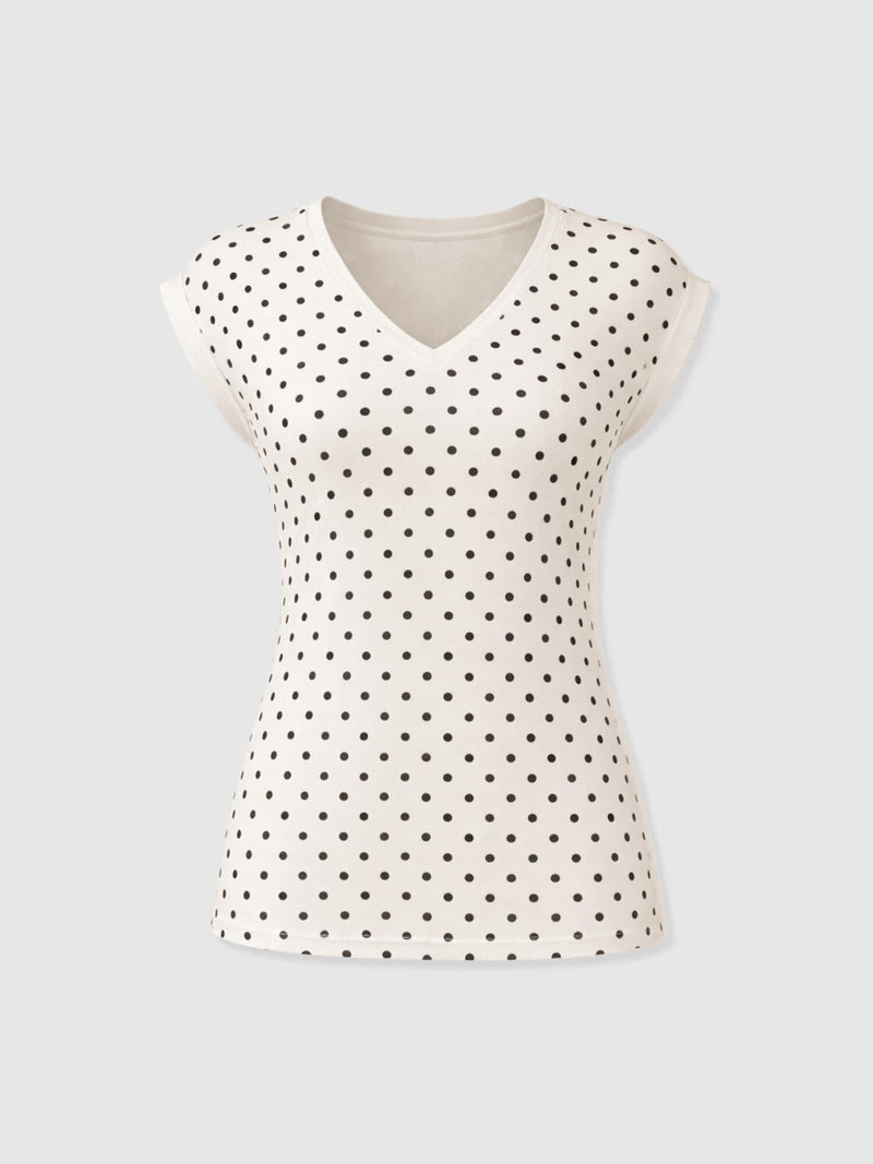 Turn Up Contrast V Neck Tee - Cream Polka Dot - Women's T-shirts | Saint + Sofia® USA