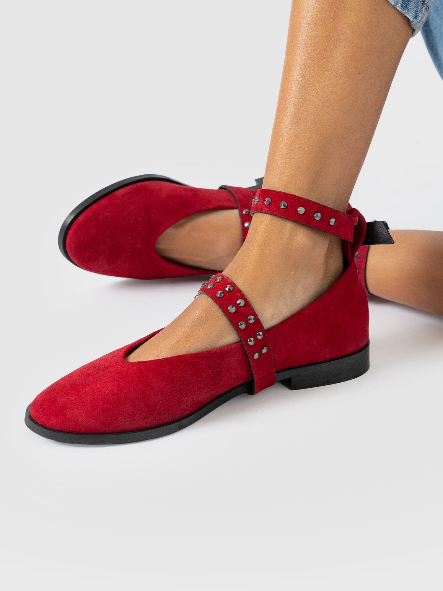 Vega Studded Ballerina Flats - Red Suede - Women's Shoes | Saint + Sofia® USA